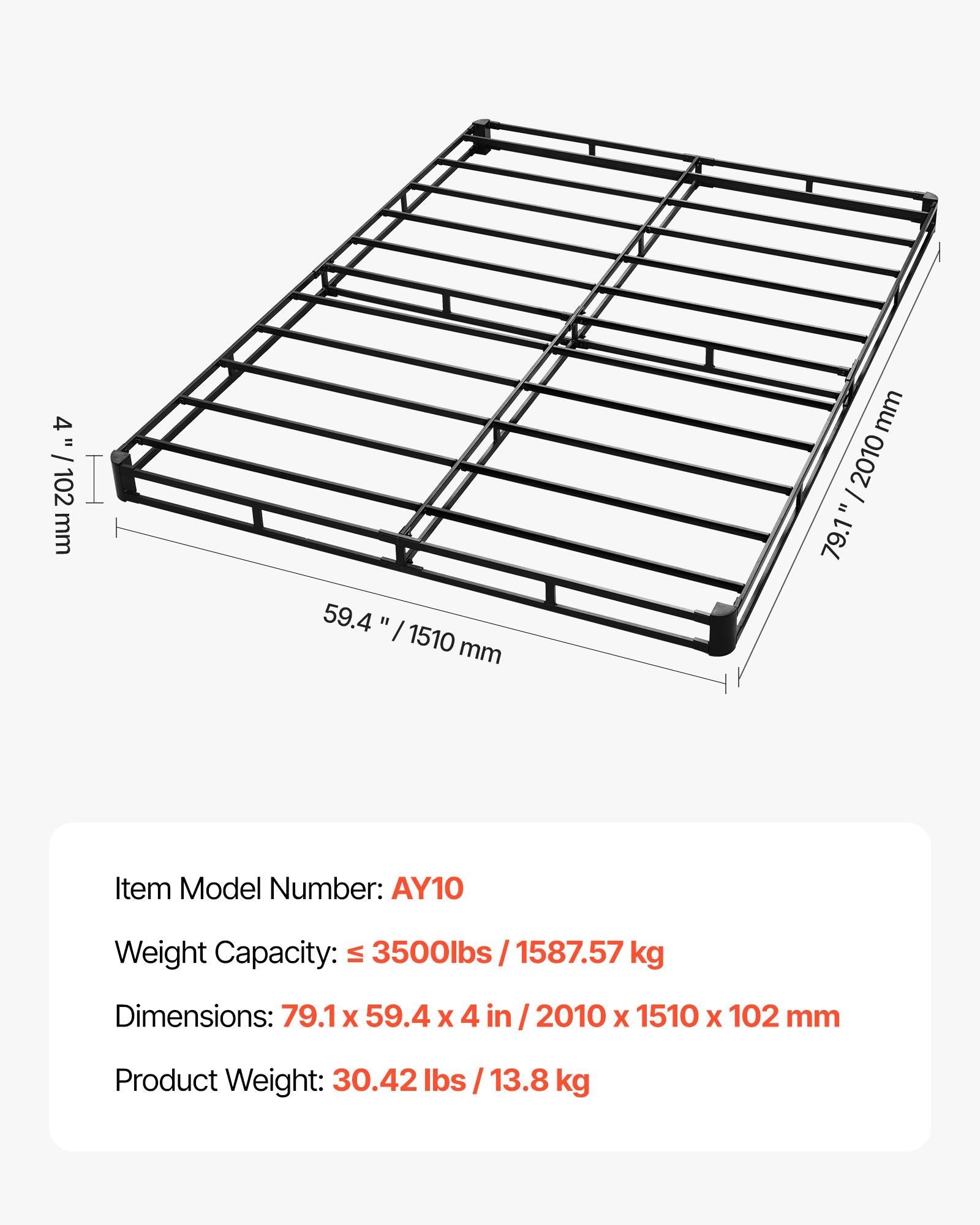 Box Spring, Queen Size Bed Frame with Washable Fabric Cloth, Heavy Duty Metal Frame for Queen Bed, 102 mm Mattress Foundation, 1587.57 kg Max Weight Capacity, Easy Assembly, 2010 x 1510 x 102 mm