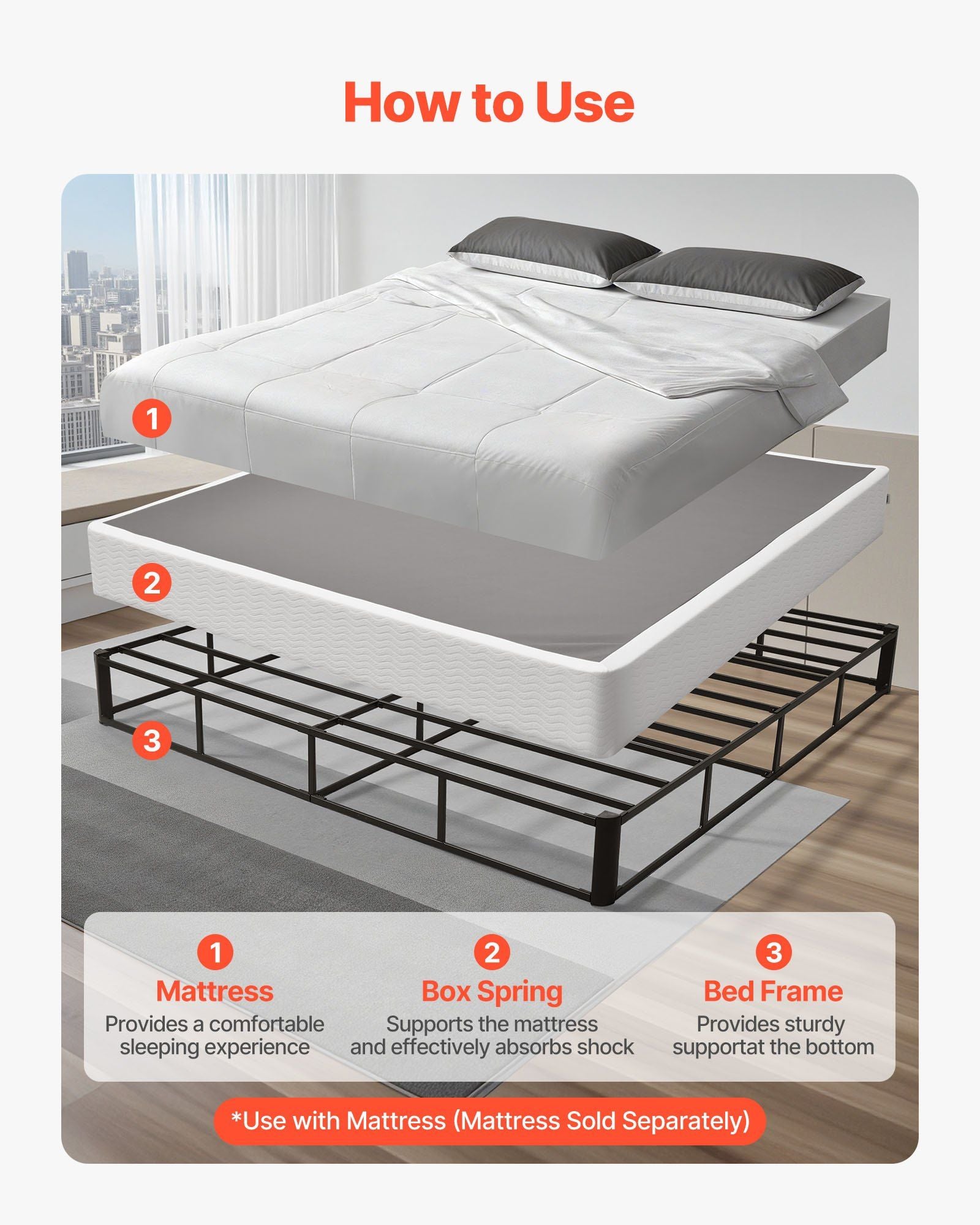 Box Spring, King Size Bed Frame with Washable Fabric Cloth, Heavy Duty Metal Frame for King Bed, 230 mm Mattress Foundation, 1587.57 kg Max Weight Capacity, Easy Assembly, 2010 x 1925 x 230 mm