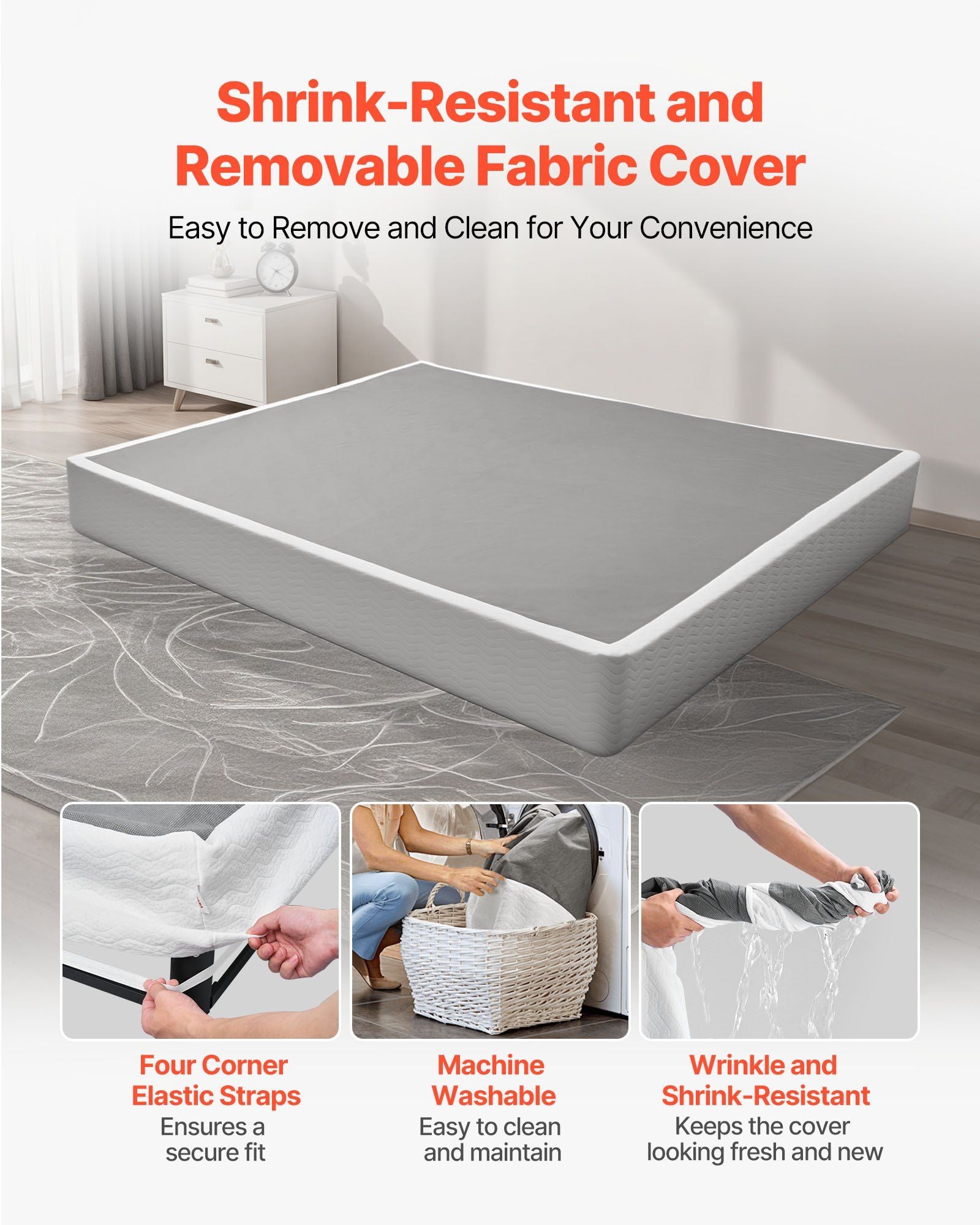Box Spring, King Size Bed Frame with Washable Fabric Cloth, Heavy Duty Metal Frame for King Bed, 230 mm Mattress Foundation, 1587.57 kg Max Weight Capacity, Easy Assembly, 2010 x 1925 x 230 mm