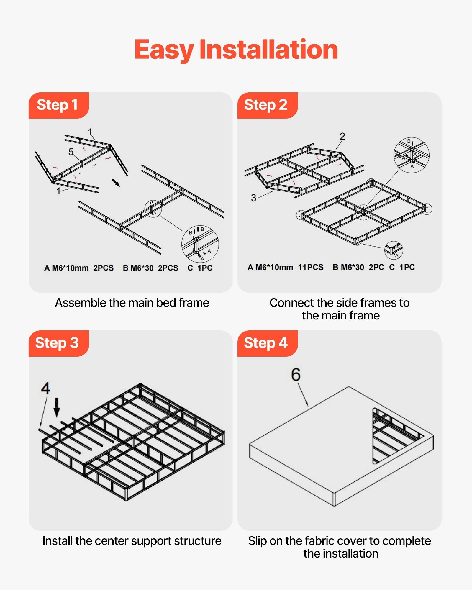 Box Spring, King Size Bed Frame with Washable Fabric Cloth, Heavy Duty Metal Frame for King Bed, 230 mm Mattress Foundation, 1587.57 kg Max Weight Capacity, Easy Assembly, 2010 x 1925 x 230 mm