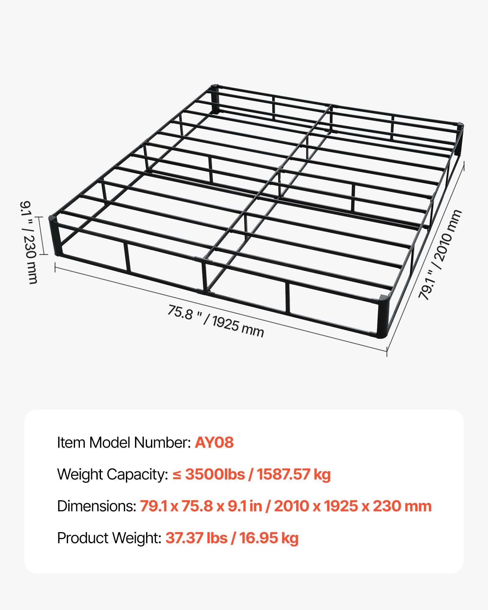 Box Spring, King Size Bed Frame with Washable Fabric Cloth, Heavy Duty Metal Frame for King Bed, 230 mm Mattress Foundation, 1587.57 kg Max Weight Capacity, Easy Assembly, 2010 x 1925 x 230 mm