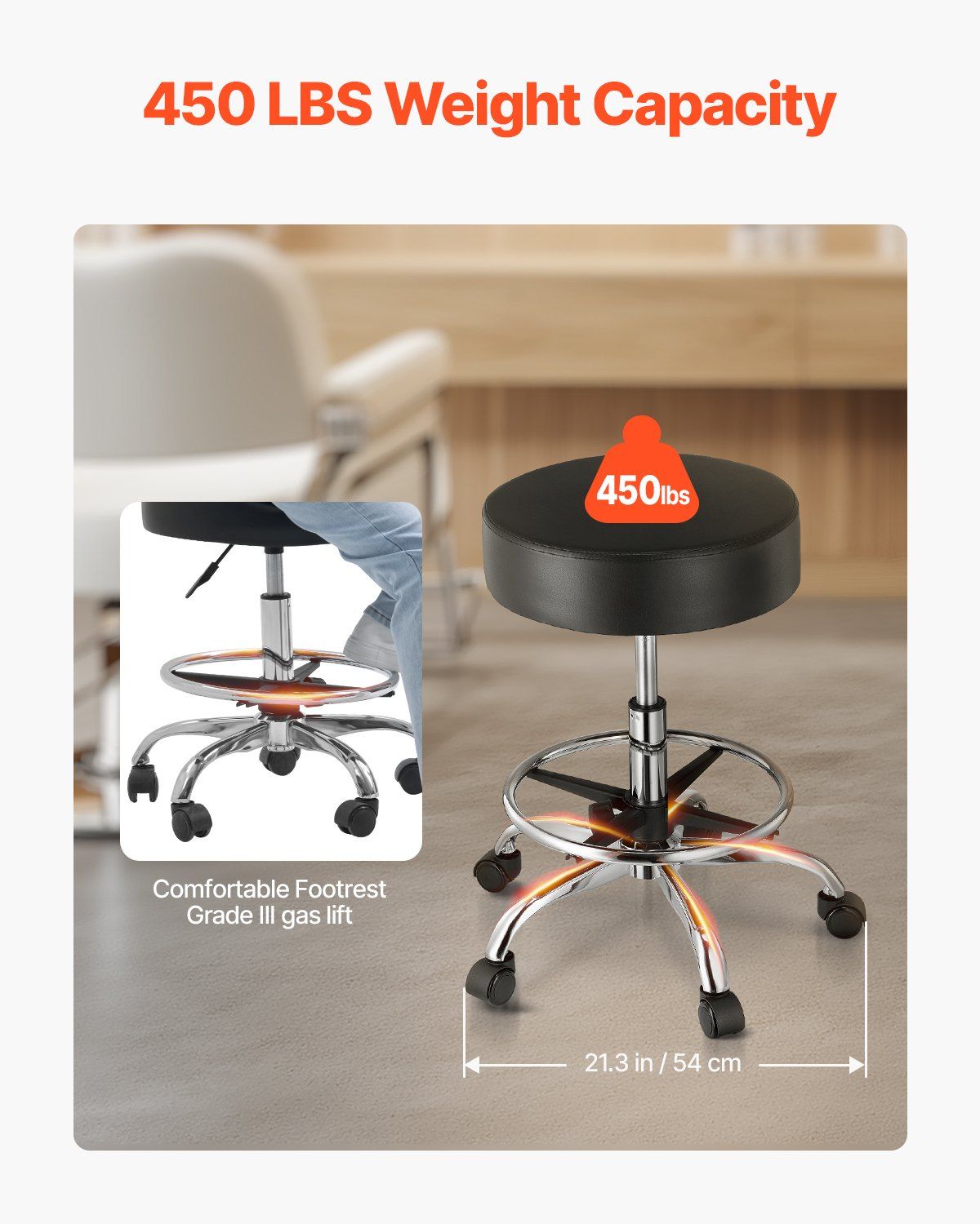 Round Rolling Stool, Leather Rolling Stool with Footrest, Black