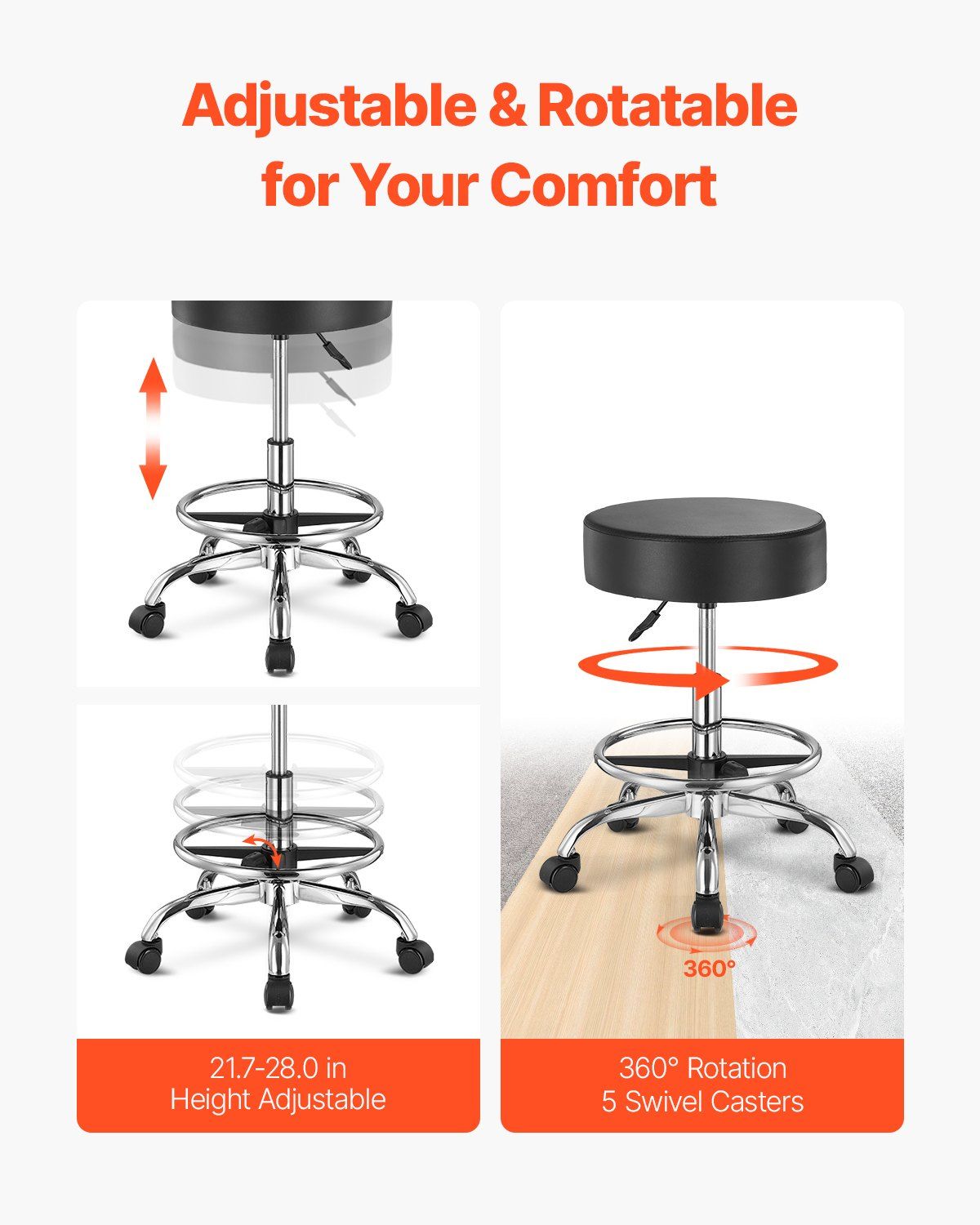 Round Rolling Stool, Leather Rolling Stool with Footrest, Black