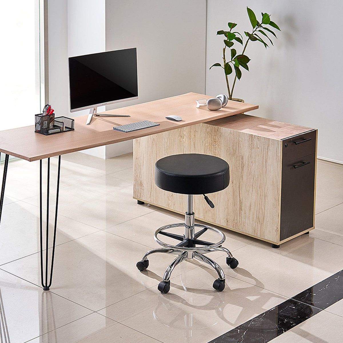Round Rolling Stool, Leather Rolling Stool with Footrest, Black