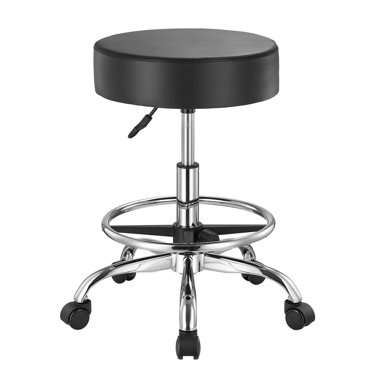 Round Rolling Stool, Leather Rolling Stool with Footrest, Black