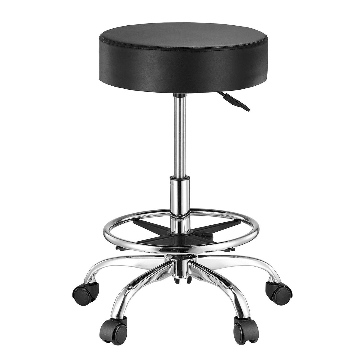 Round Rolling Stool, Leather Rolling Stool with Footrest, Black
