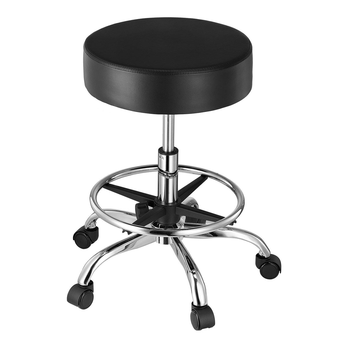 Round Rolling Stool, Leather Rolling Stool with Footrest, Black
