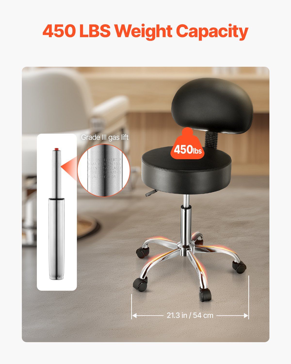 Round Rolling Stool, PU Leather Rolling Stool with Backrest, Black
