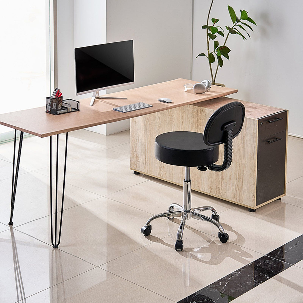 Round Rolling Stool, PU Leather Rolling Stool with Backrest, Black