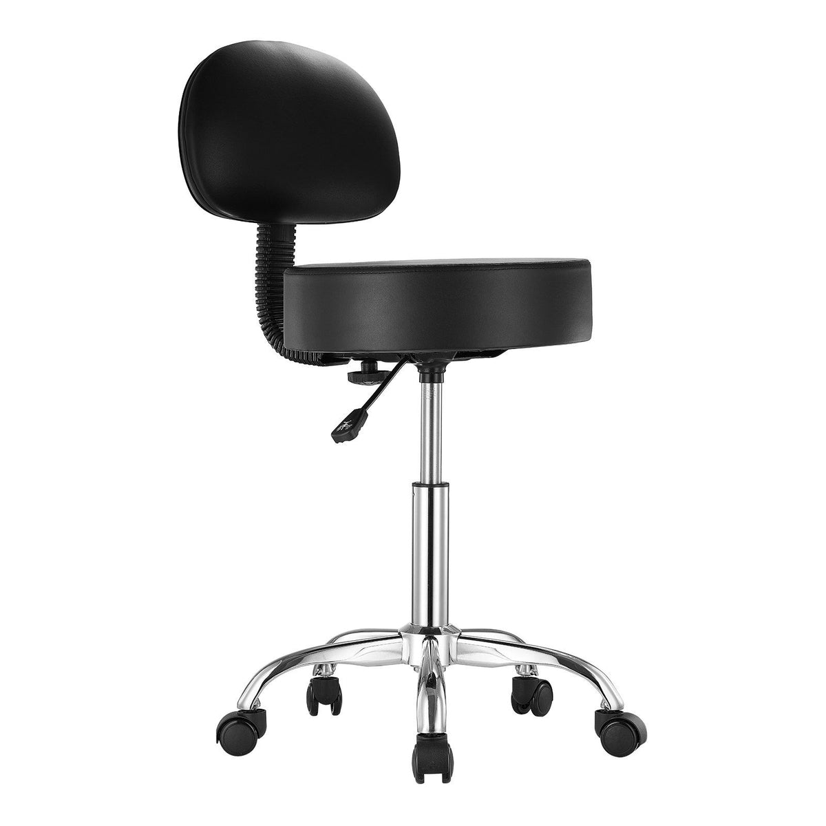 Round Rolling Stool, PU Leather Rolling Stool with Backrest, Black
