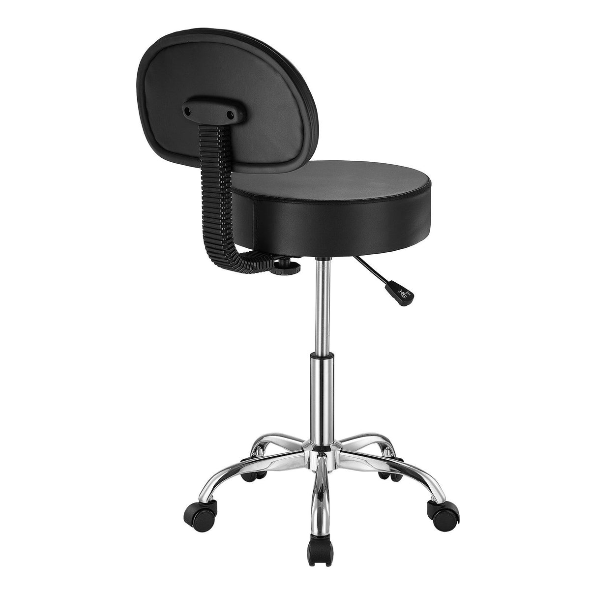 Round Rolling Stool, PU Leather Rolling Stool with Backrest, Black