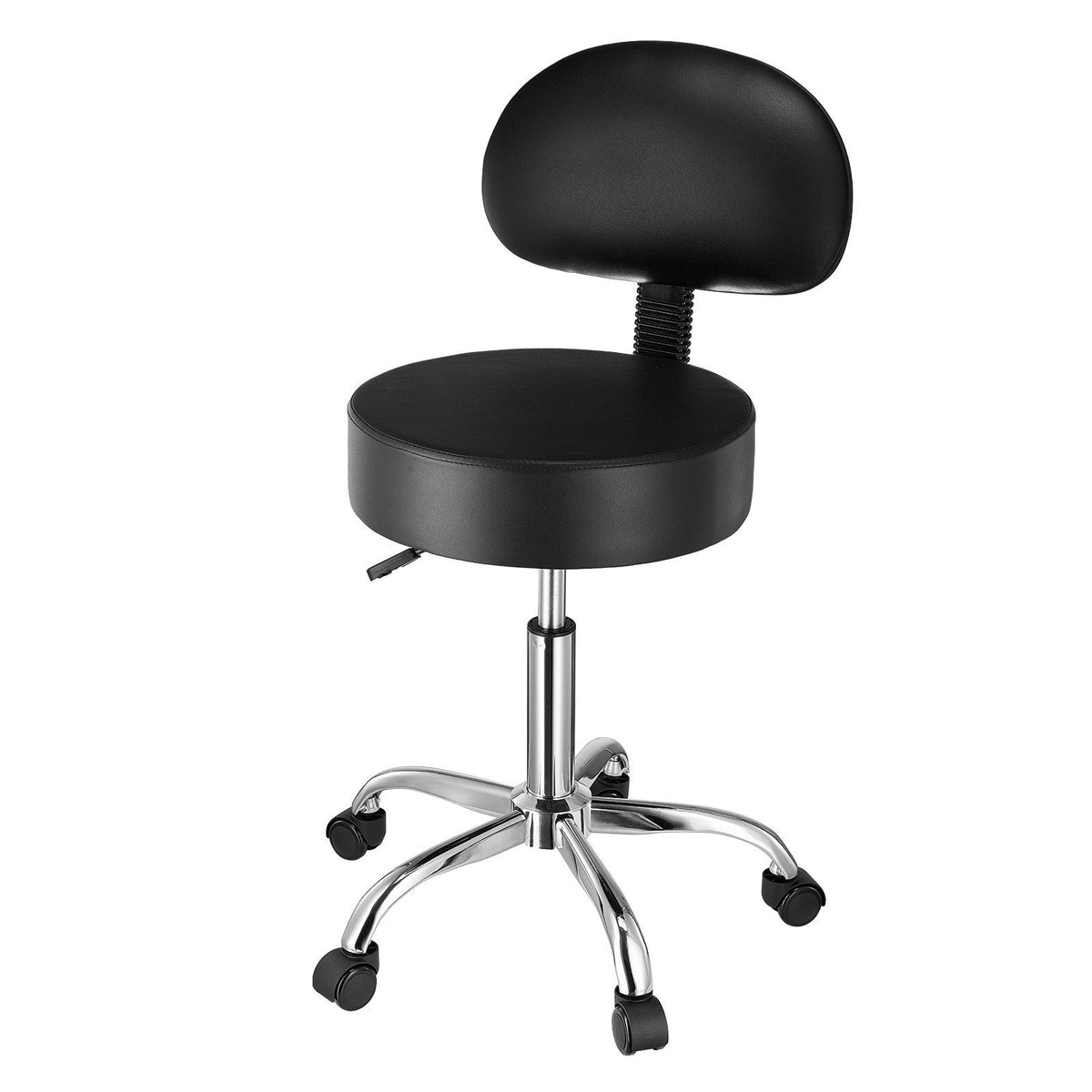 Round Rolling Stool, PU Leather Rolling Stool with Backrest, Black