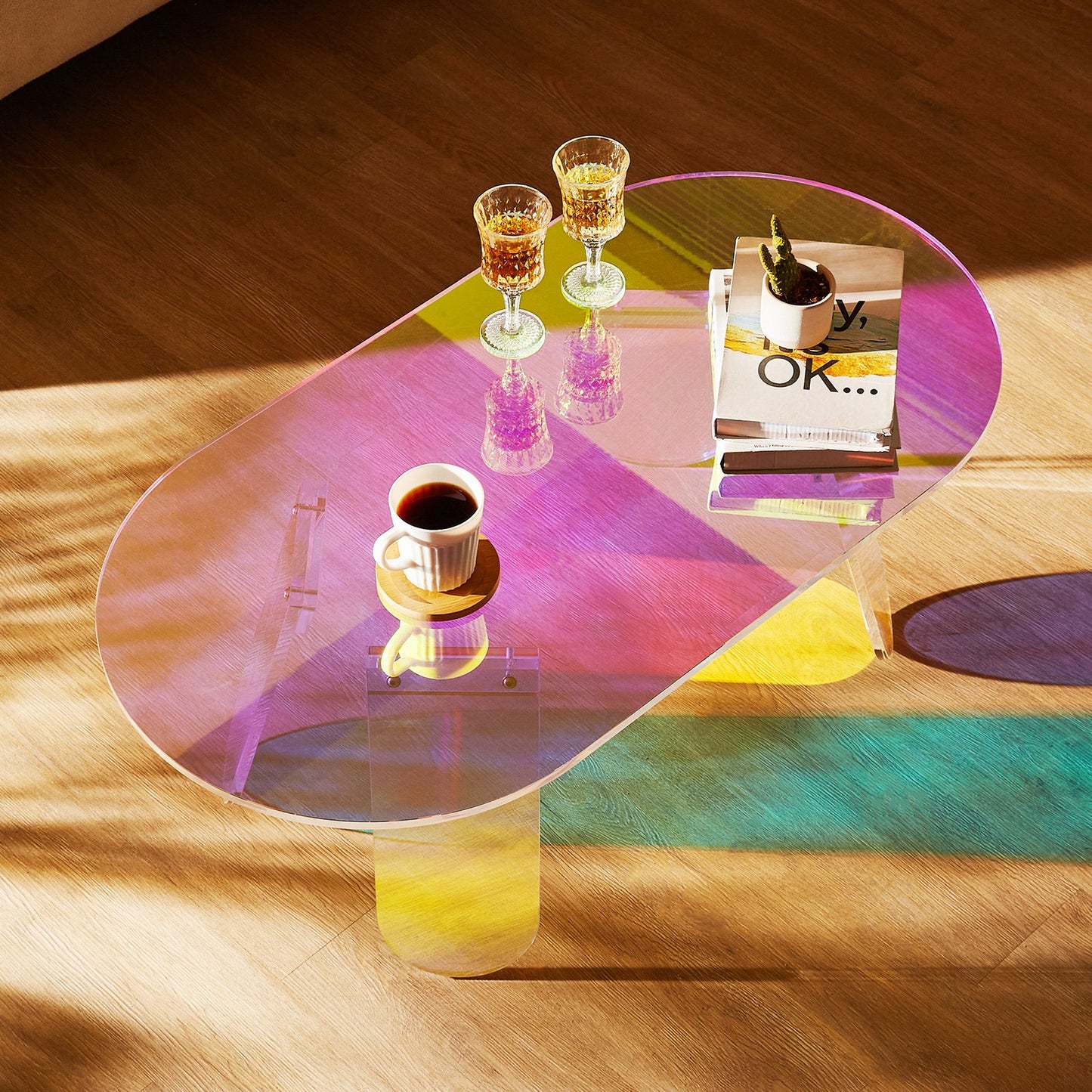 Acrylic Coffee Table, Iridescent Acrylic End Table, 13.8 inch high Colorful Acrylic Side Table, for Coffee, Drink, Food, Snack used in Living Room, Courtyard, Terrace