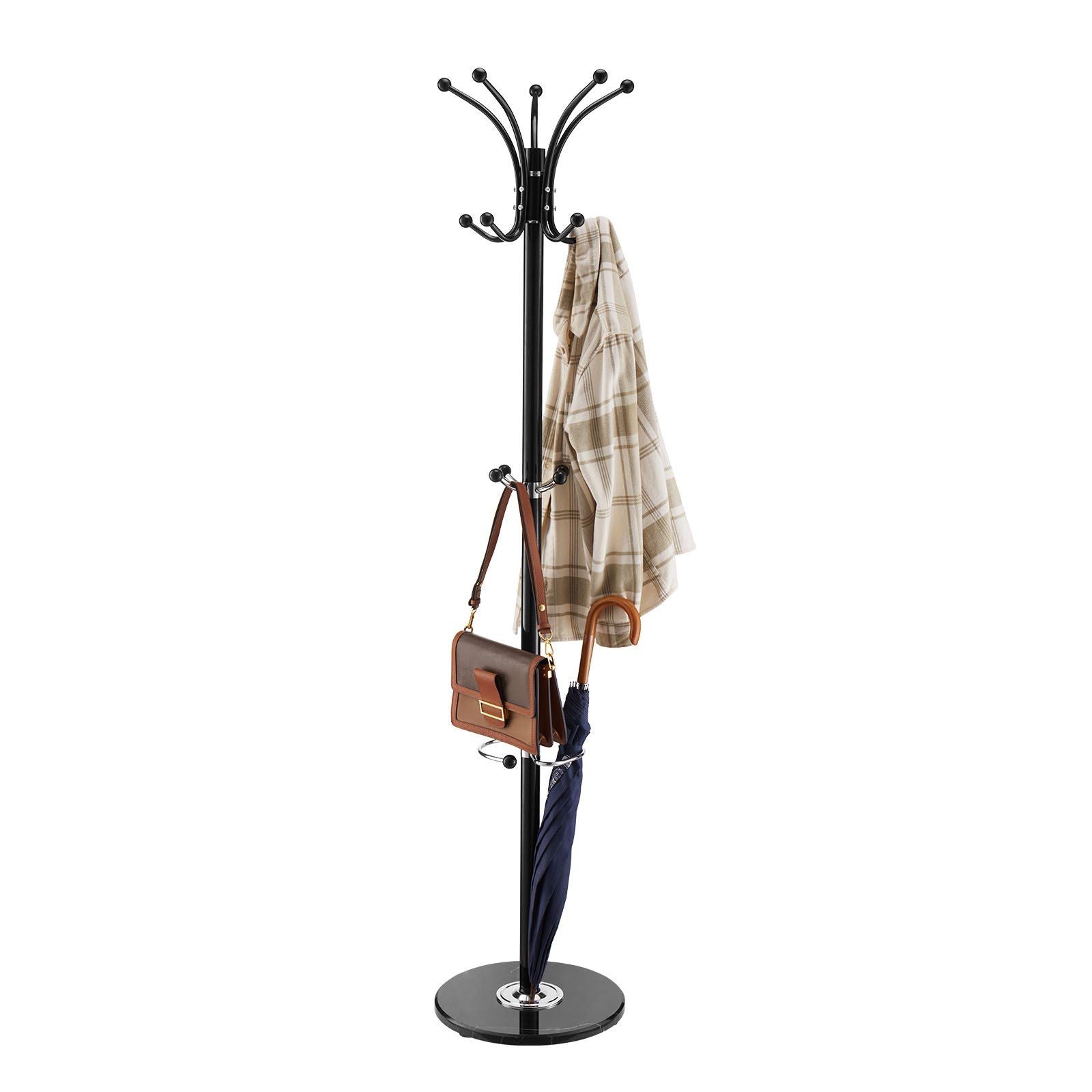 Freestanding Coat Rack, Metal Coats Rack Stand with Umbrella Holder, Stable Marble Base & 14 Hooks, Hall Coat Tree for Entryway, Bedroom, Living Room, Stylish Coats Hanger for Hats, Scarves, Bag