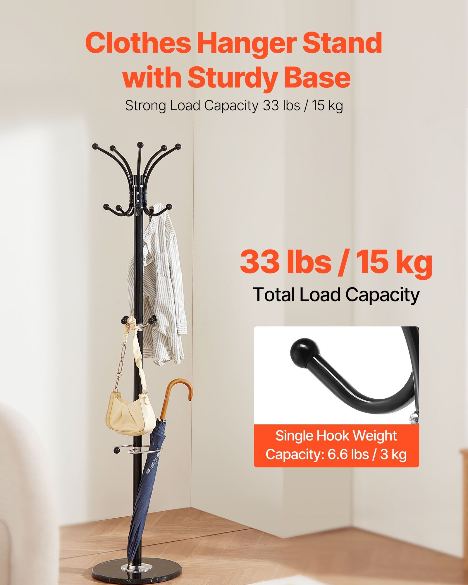Freestanding Coat Rack, Metal Coats Rack Stand with Umbrella Holder, Stable Marble Base & 14 Hooks, Hall Coat Tree for Entryway, Bedroom, Living Room, Stylish Coats Hanger for Hats, Scarves, Bag