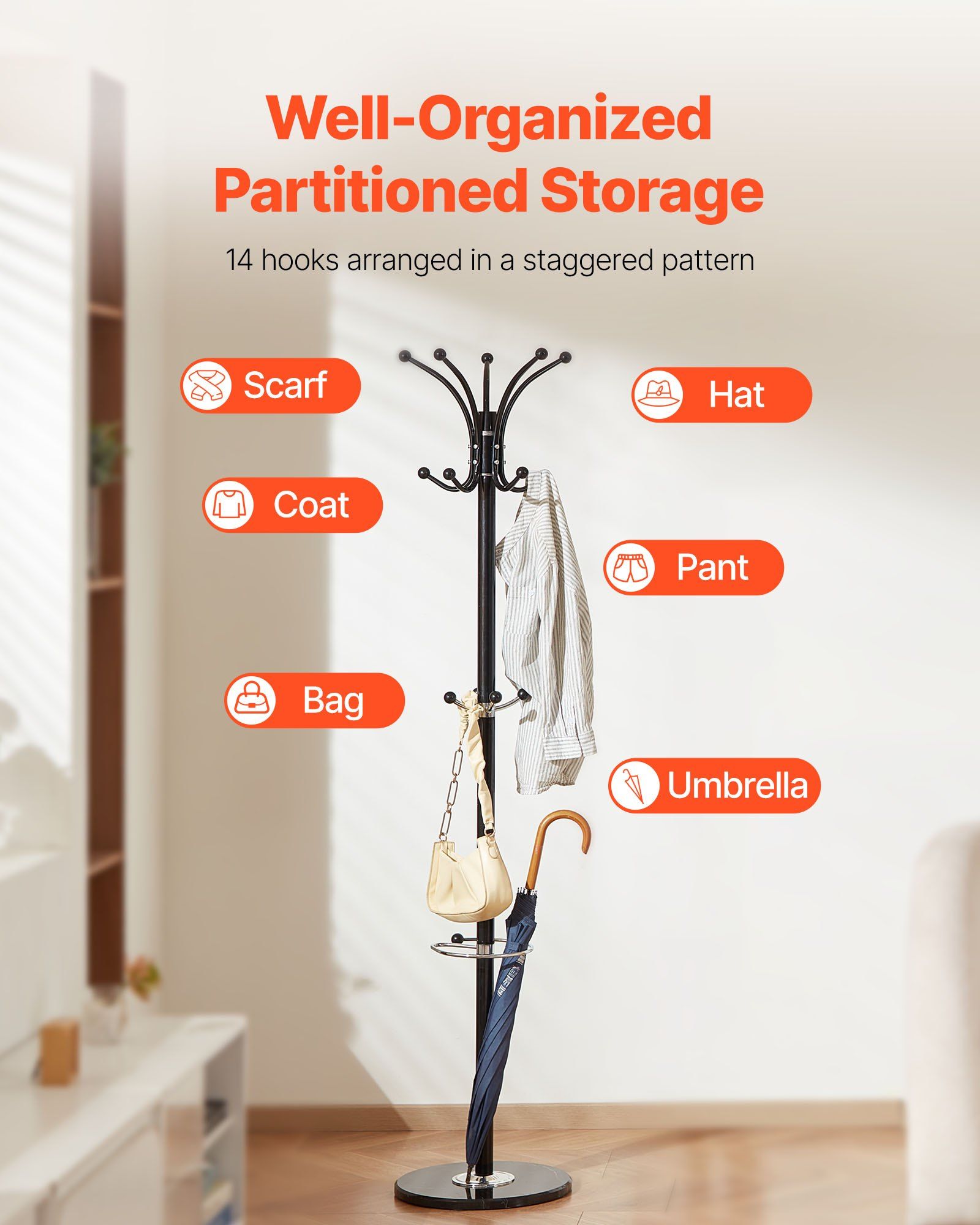 Freestanding Coat Rack, Metal Coats Rack Stand with Umbrella Holder, Stable Marble Base & 14 Hooks, Hall Coat Tree for Entryway, Bedroom, Living Room, Stylish Coats Hanger for Hats, Scarves, Bag