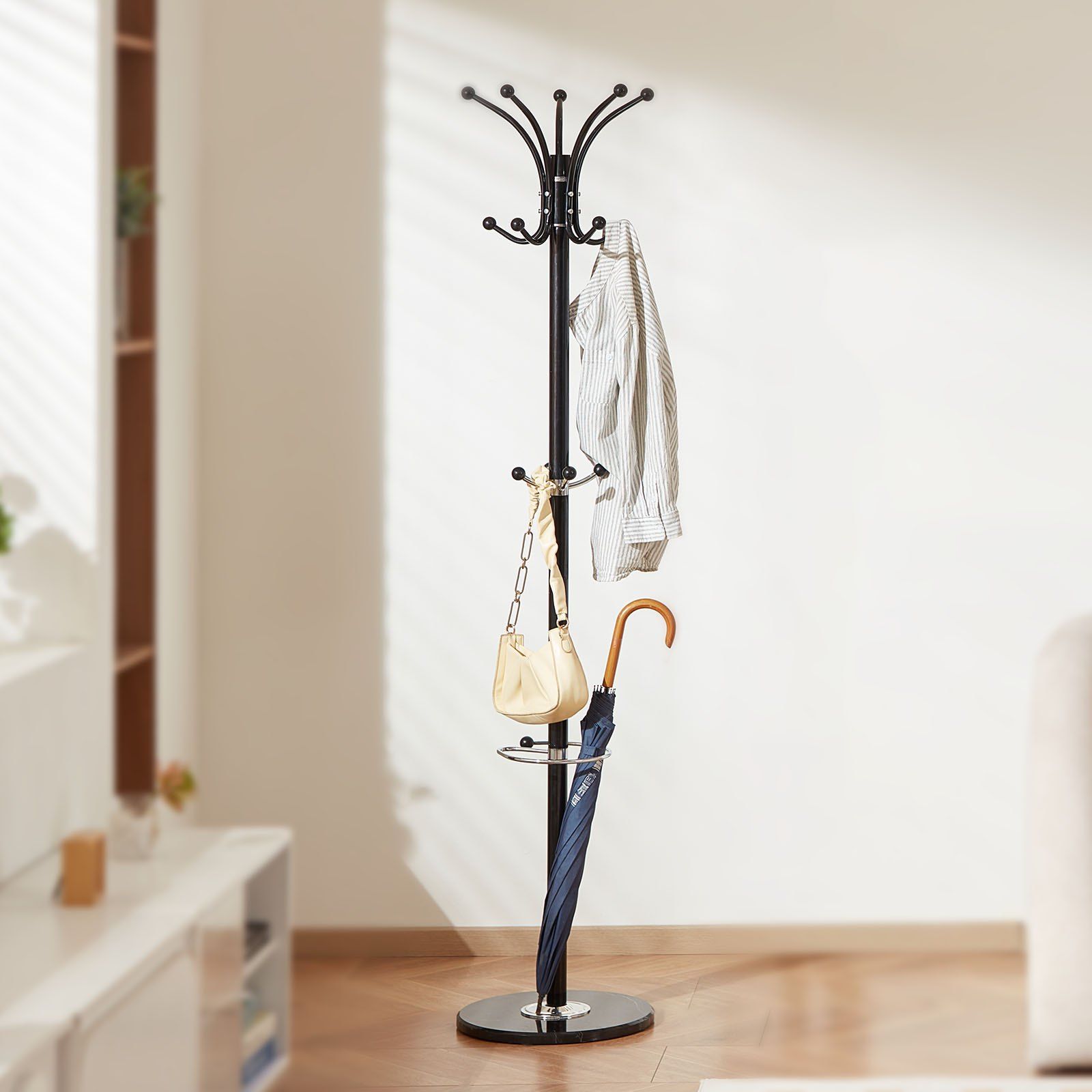 Freestanding Coat Rack, Metal Coats Rack Stand with Umbrella Holder, Stable Marble Base & 14 Hooks, Hall Coat Tree for Entryway, Bedroom, Living Room, Stylish Coats Hanger for Hats, Scarves, Bag