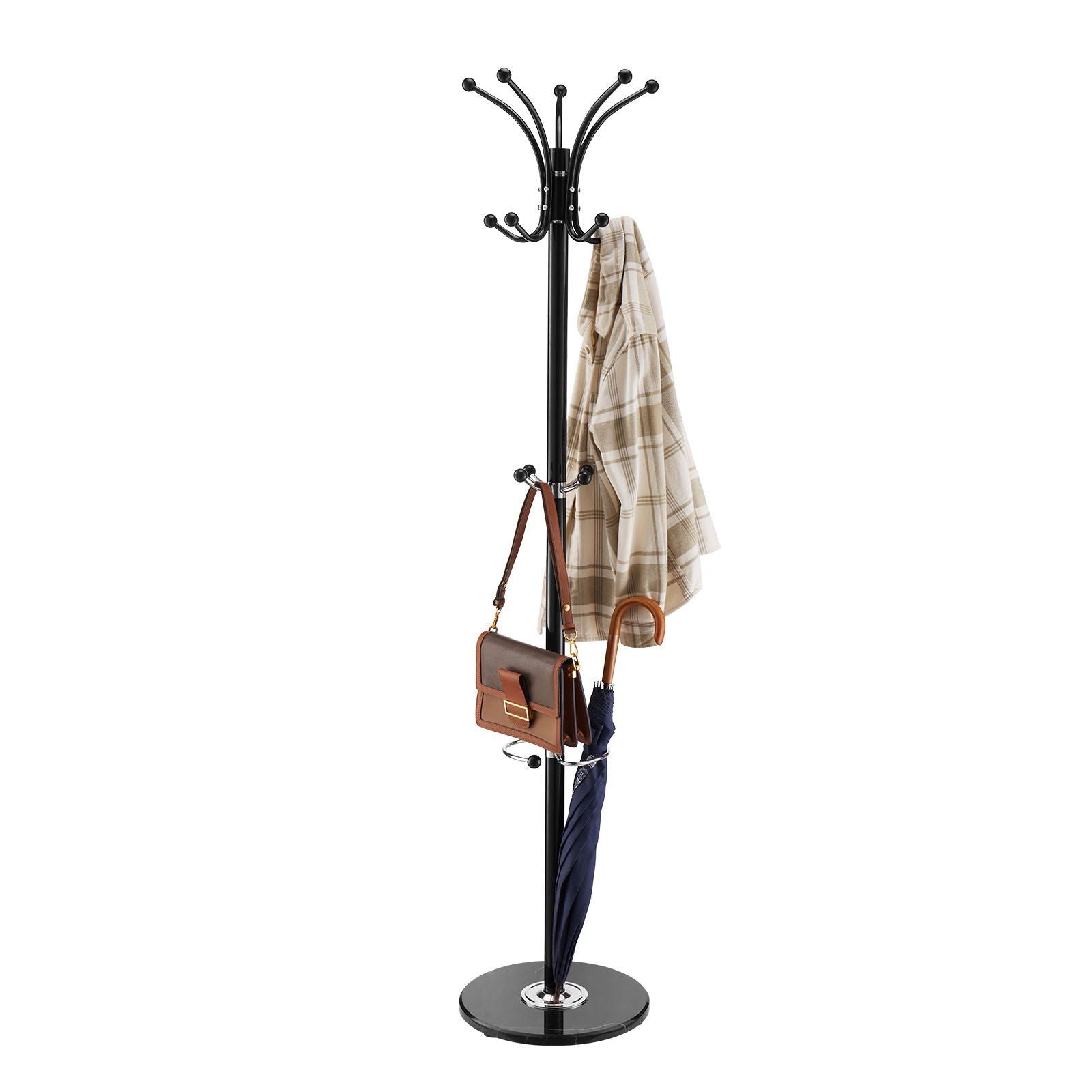 Freestanding Coat Rack, Metal Coats Rack Stand with Umbrella Holder, Stable Marble Base & 14 Hooks, Hall Coat Tree for Entryway, Bedroom, Living Room, Stylish Coats Hanger for Hats, Scarves, Bag