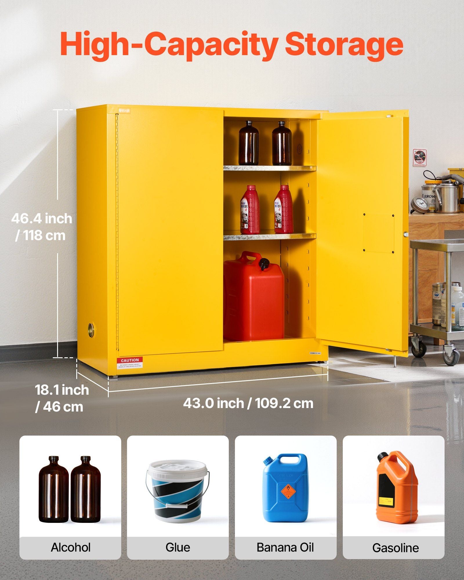 Flammable Cabinet, 109.2 x 46 x 118 cm, 29 Gallon Flammable Storage Cabinet with Adjustable Shelf, Cold-Rolled and Galvanized Steel Fire Cabinets, for Commercial Industrial and Home Use, Yellow