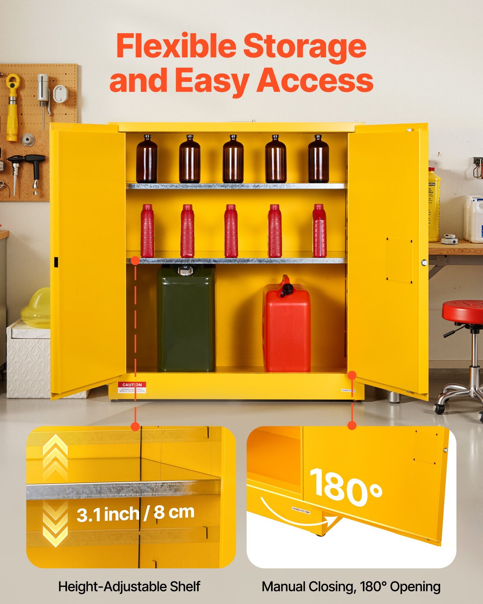 Flammable Cabinet, 109.2 x 46 x 118 cm, 29 Gallon Flammable Storage Cabinet with Adjustable Shelf, Cold-Rolled and Galvanized Steel Fire Cabinets, for Commercial Industrial and Home Use, Yellow