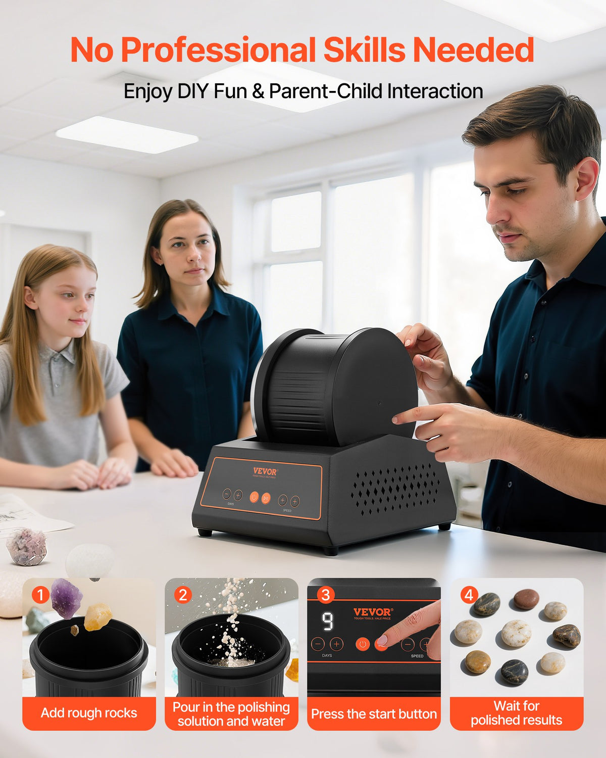 Rock Tumbler Kit, 4lbs Rock Polishing Kit, 4 Speed Settings 9-Day Polishing Timer Stone Polishing Kit, Belt-Free Rock Polisher with Adapter & Overload Protection, Rock Polisher for Adults Kids