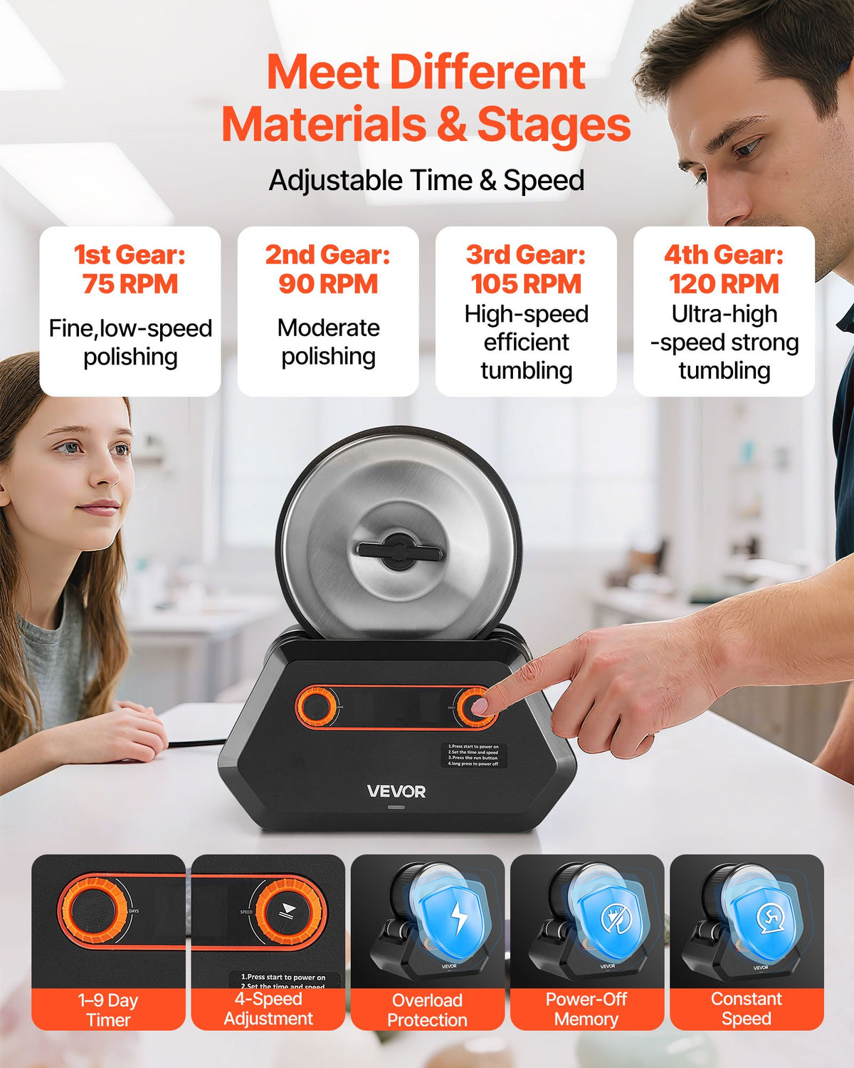 Rock Tumbler Kit, 3 lbs Rock Polishing Kit, 4 Speed Settings 9-Day Polishing Timer Stone Polishing Kit, Rock Polisher with Rough Gemstones and Polishing Grits, Rock Polisher for Adults Kids