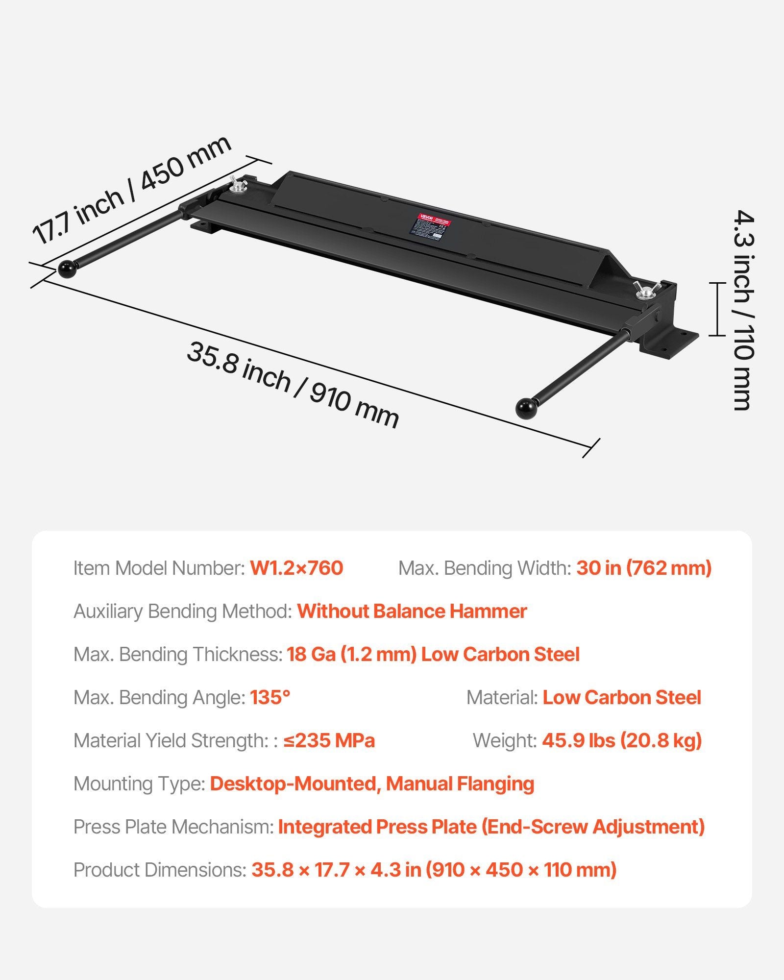 Box and Pan Brake, 762 mm Sheet Metal Bending Brake, 18-Gauge Capacity, 0-135 Degree Adjustable, Metal Bender Machine, No Wobbling, Heavy-Duty Aluminum Folder for Precise Batch Bending