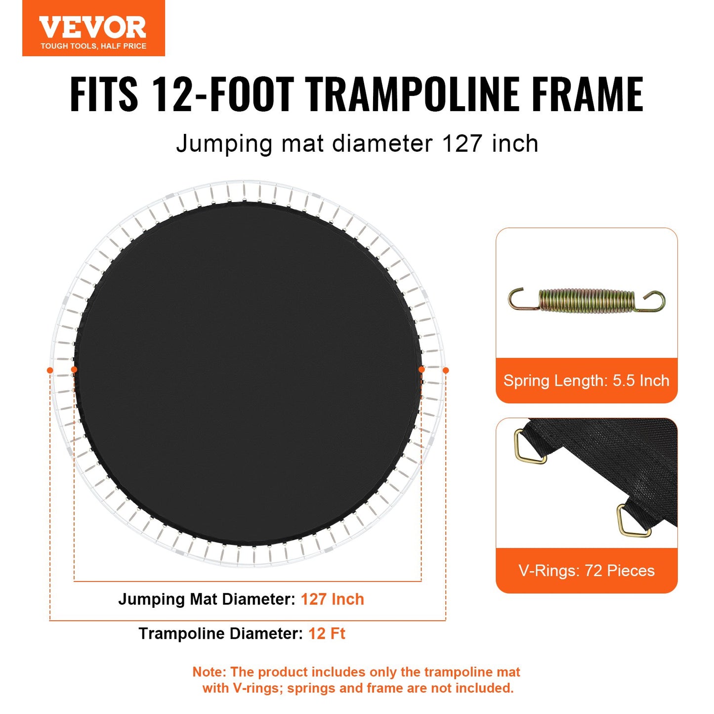 Replacement Trampoline Mat Fits 12ft Frame 72 V-Rings 5.5" Spring Length