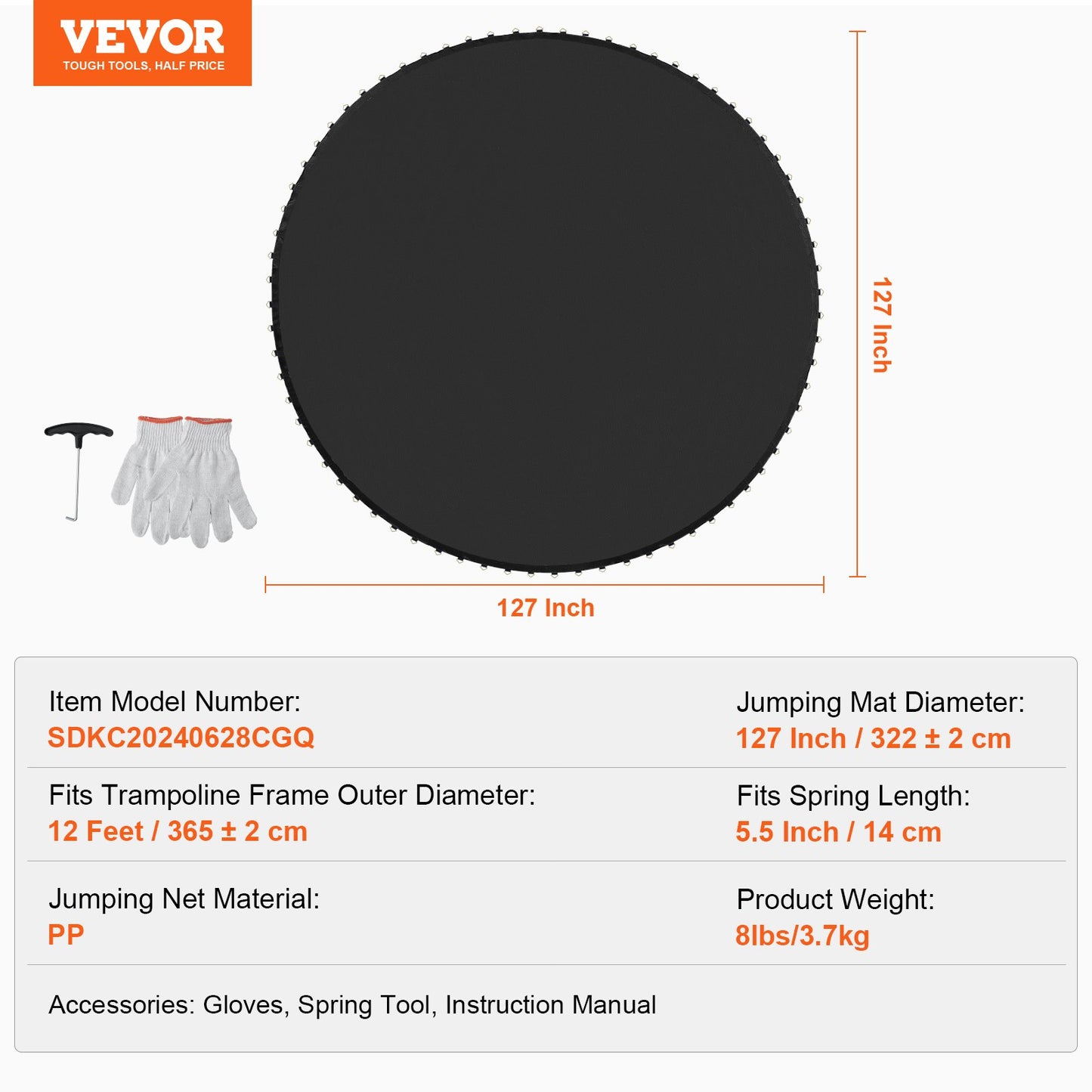 Replacement Trampoline Mat Fits 12ft Frame 72 V-Rings 5.5" Spring Length
