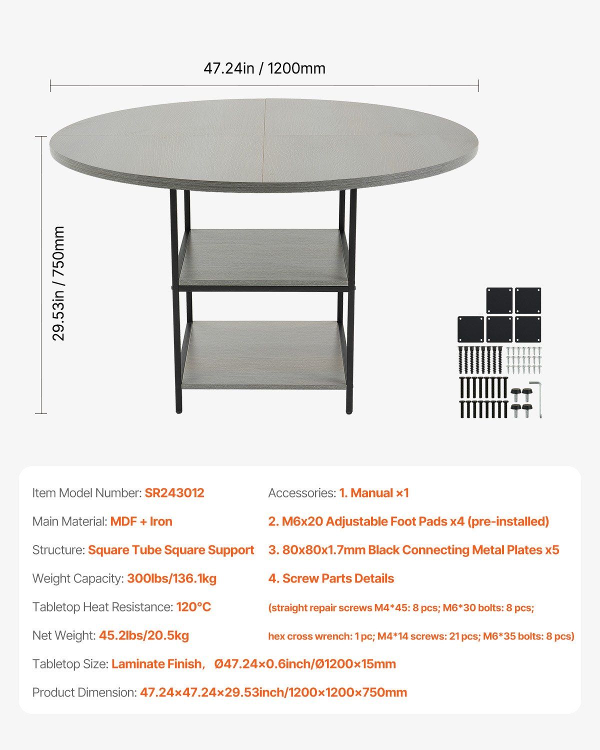 Round Dining Table, 47 inch Wood Table for 4-6 Person, Modern Circle Dinner Furniture, Leisure Tables with Storage Shelf and Metal Legs, for Home Kitchen Living Room, Grey (Only Table)