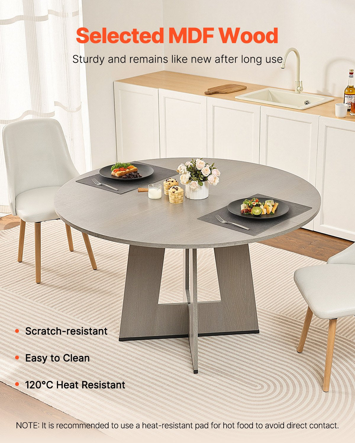 Round Dining Table, 47 inch Wood Table for 4-6 Person, Farmhouse Circle Dinner Furniture, Rustic Leisure Tables with Thick Wooden Legs, for Home Kitchen Living Room, Grey (Only Table)