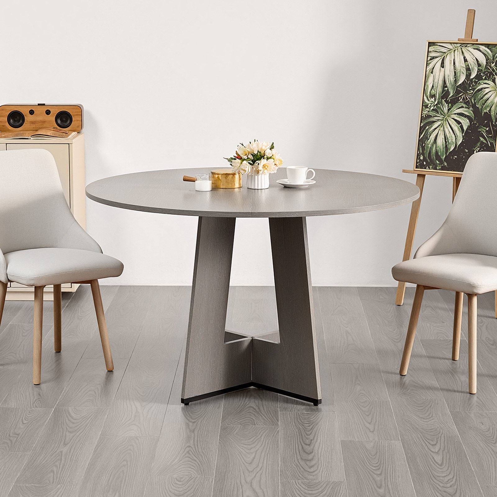 Round Dining Table, 47 inch Wood Table for 4-6 Person, Farmhouse Circle Dinner Furniture, Rustic Leisure Tables with Thick Wooden Legs, for Home Kitchen Living Room, Grey (Only Table)