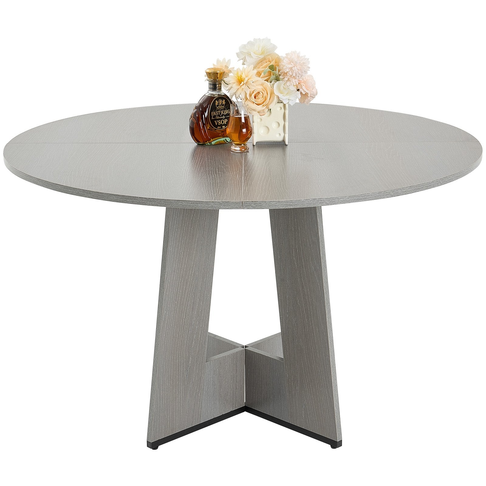 Round Dining Table, 47 inch Wood Table for 4-6 Person, Farmhouse Circle Dinner Furniture, Rustic Leisure Tables with Thick Wooden Legs, for Home Kitchen Living Room, Grey (Only Table)