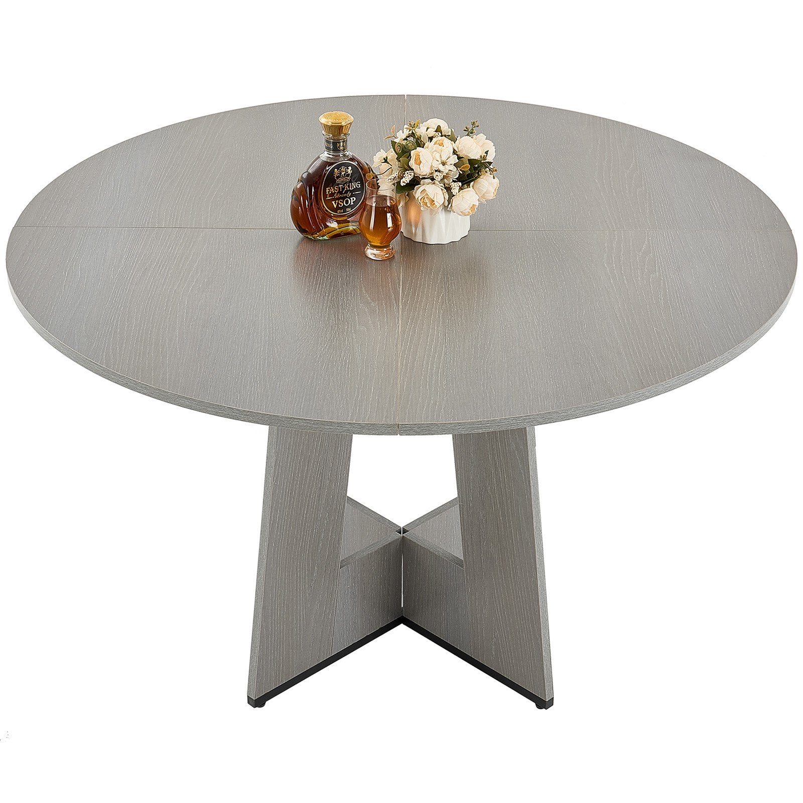 Round Dining Table, 47 inch Wood Table for 4-6 Person, Farmhouse Circle Dinner Furniture, Rustic Leisure Tables with Thick Wooden Legs, for Home Kitchen Living Room, Grey (Only Table)