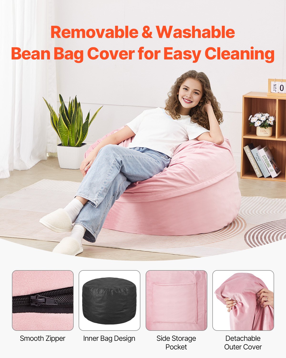 91 cm Round Bean Bag Chair with Removable Cover & Dutch Velvet Pink