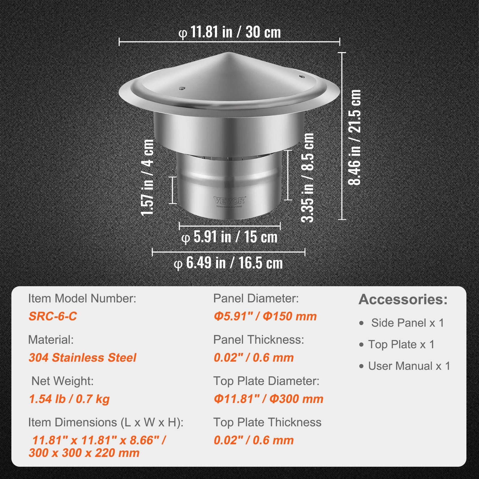 Chimney Cap 6-inch 304 Stainless Steel Round Roof Rain Cap Cover Silver