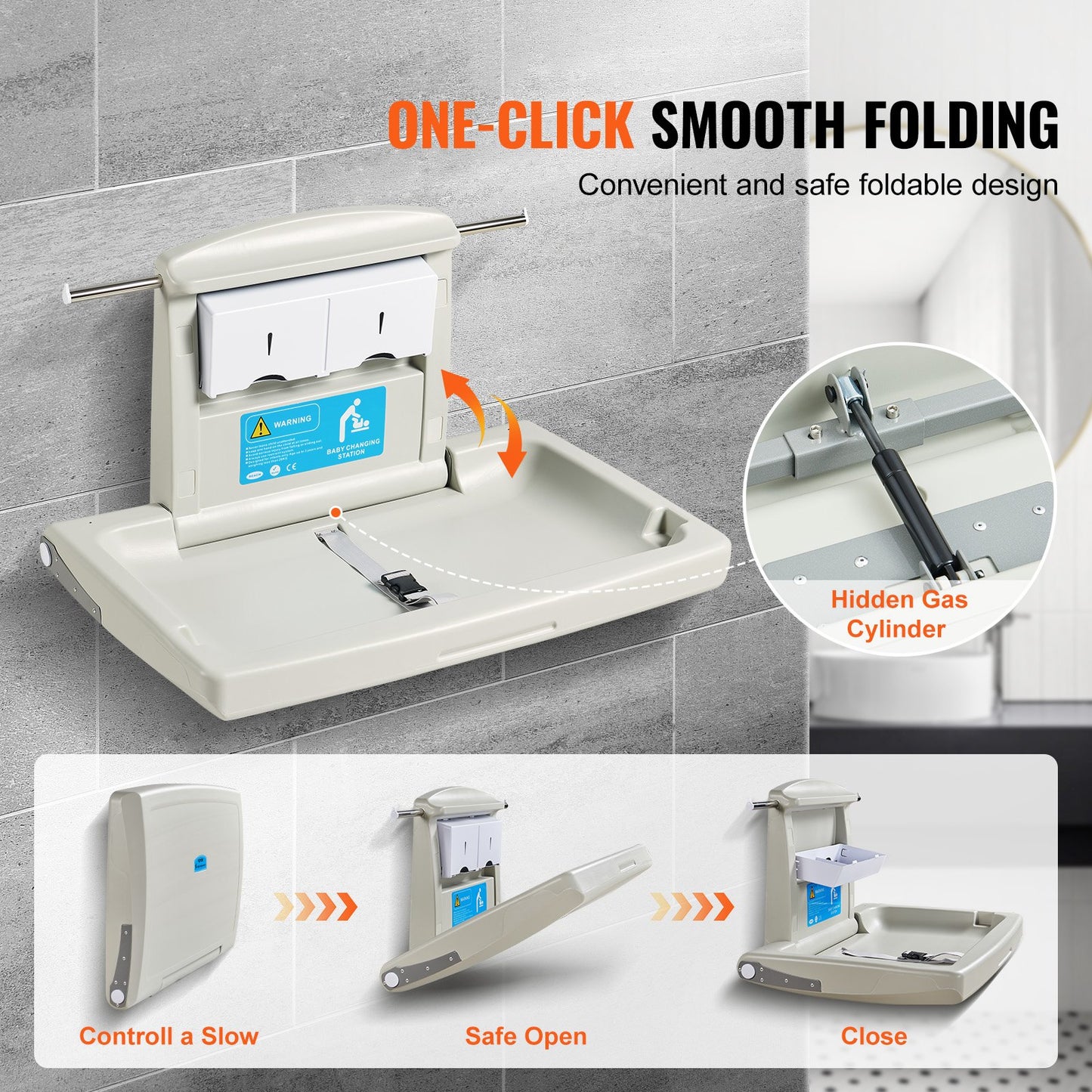 Wall-Mounted Baby Changing Station, Horizontal Foldable Diaper Change Table with Safety Straps and Hanging Rods, Use in Commercial Bathrooms, Daycare Centers for Newborns & Infant