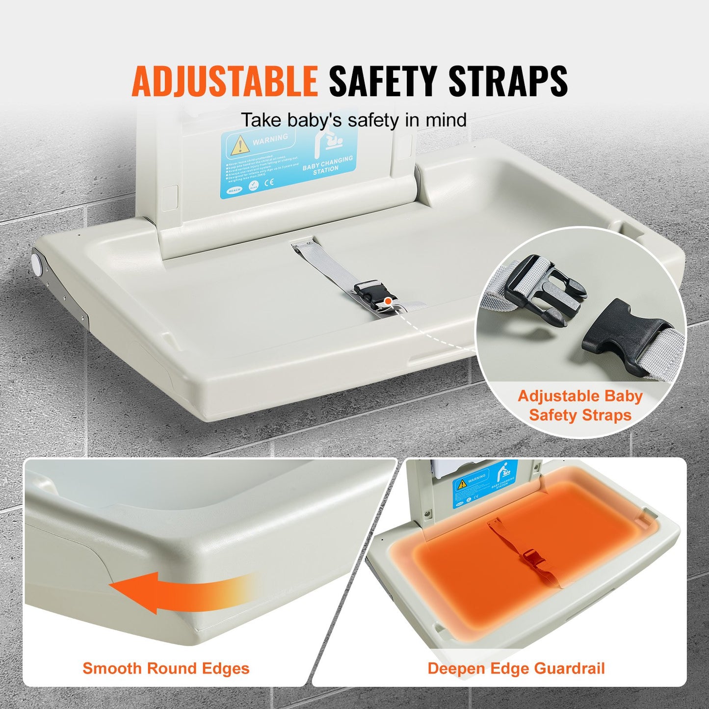 Wall-Mounted Baby Changing Station, Horizontal Foldable Diaper Change Table with Safety Straps and Hanging Rods, Use in Commercial Bathrooms, Daycare Centers for Newborns & Infant