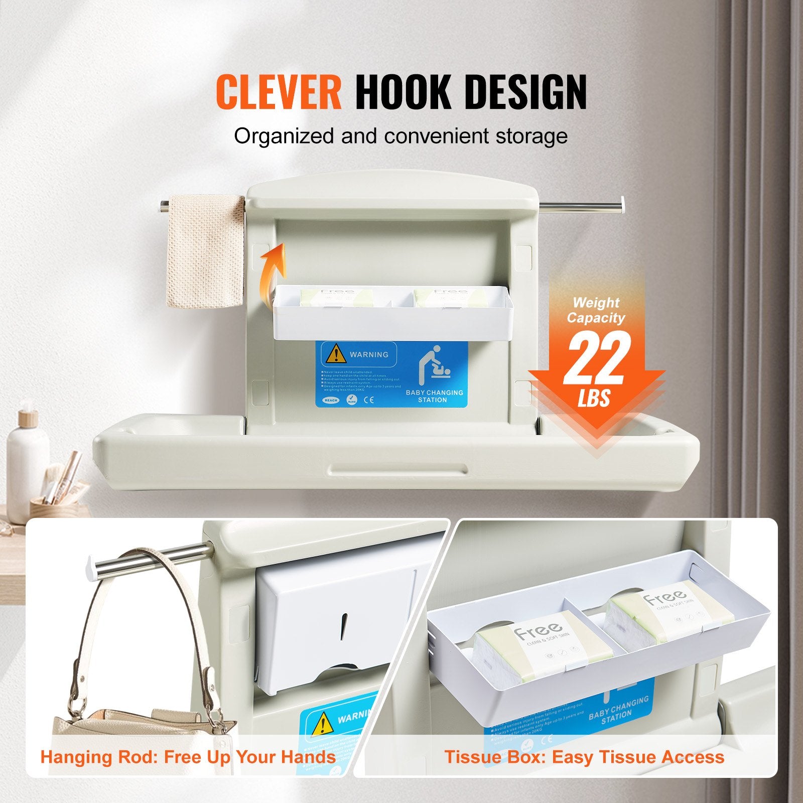 Wall-Mounted Baby Changing Station, Horizontal Foldable Diaper Change Table with Safety Straps and Hanging Rods, Use in Commercial Bathrooms, Daycare Centers for Newborns & Infant