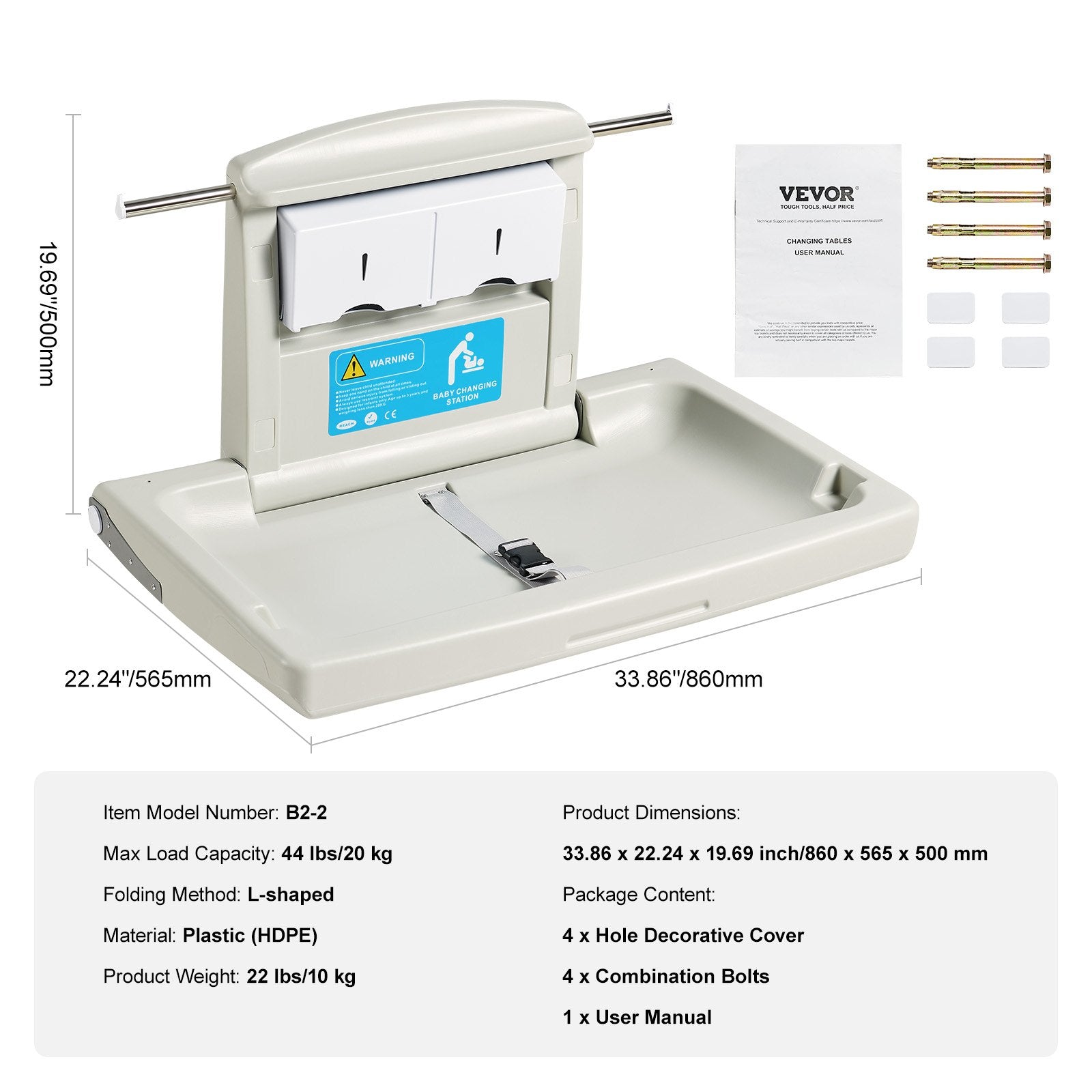 Wall-Mounted Baby Changing Station, Horizontal Foldable Diaper Change Table with Safety Straps and Hanging Rods, Use in Commercial Bathrooms, Daycare Centers for Newborns & Infant