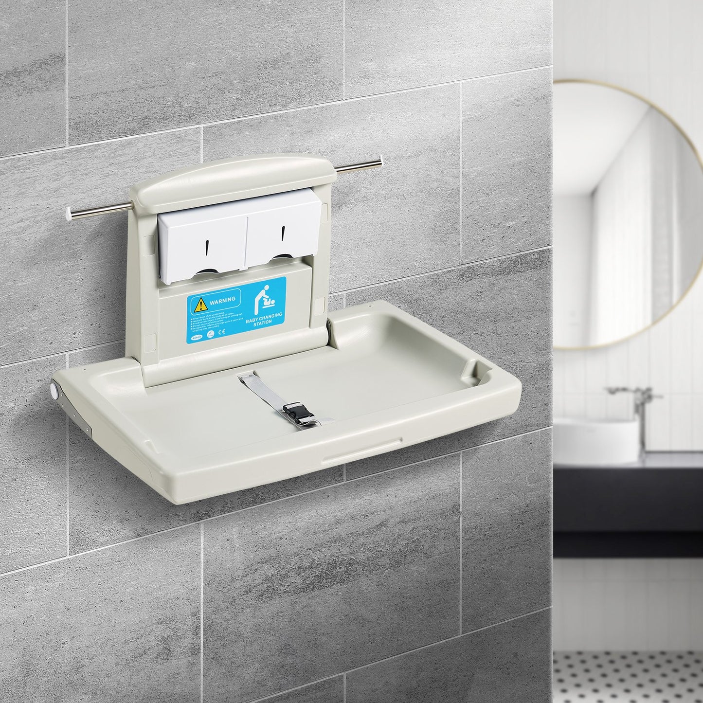 Wall-Mounted Baby Changing Station, Horizontal Foldable Diaper Change Table with Safety Straps and Hanging Rods, Use in Commercial Bathrooms, Daycare Centers for Newborns & Infant