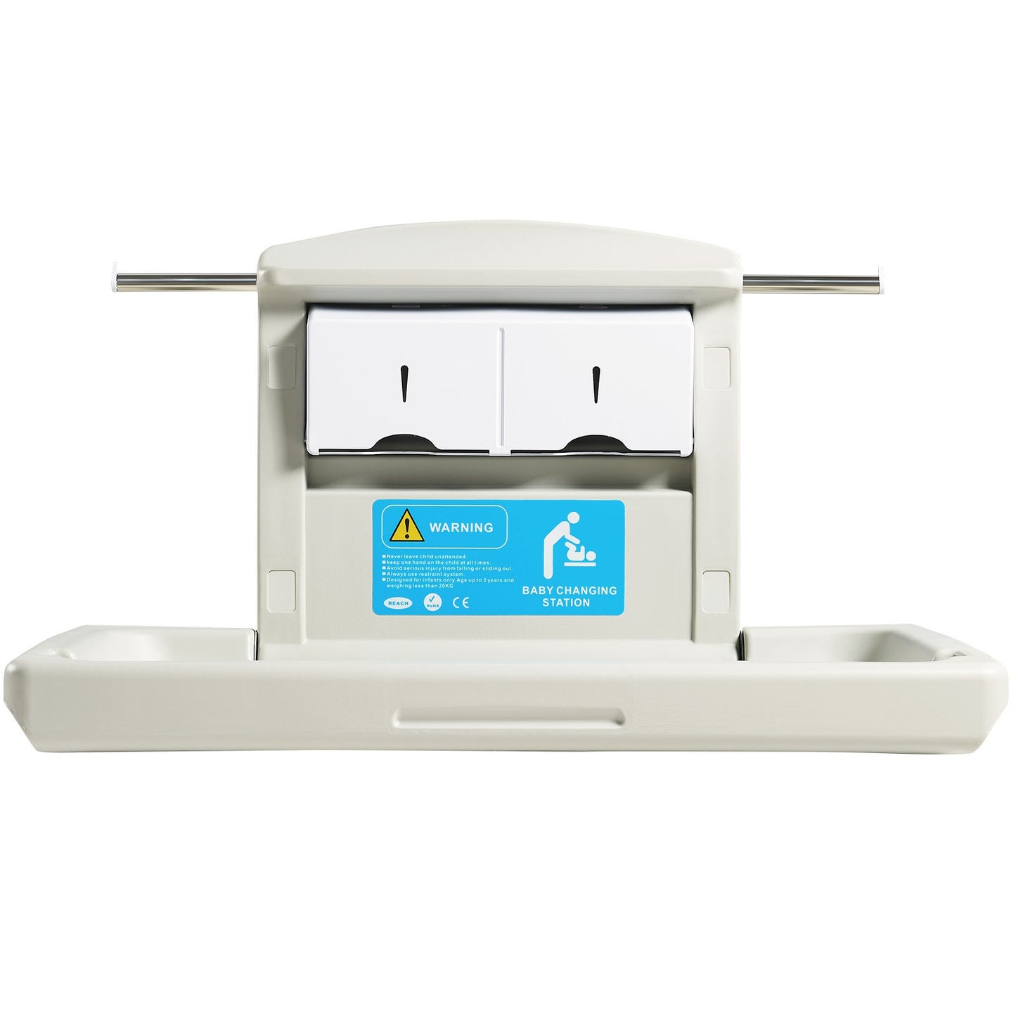 Wall-Mounted Baby Changing Station, Horizontal Foldable Diaper Change Table with Safety Straps and Hanging Rods, Use in Commercial Bathrooms, Daycare Centers for Newborns & Infant