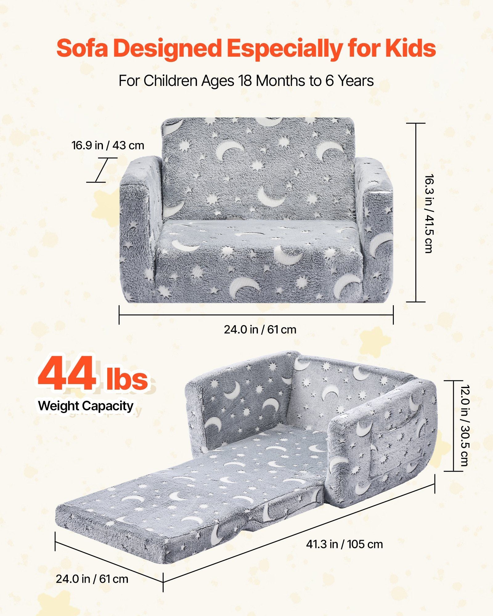 2-in-1 Kids Sofa, Foldable Toddler Soft Couch with Armrests, Glow in the Dark Kids Couch Fold Out with 28D Sponge & Flannel, Convertible Toddler Chair to Lounger for Reading and Gaming, M, Gray