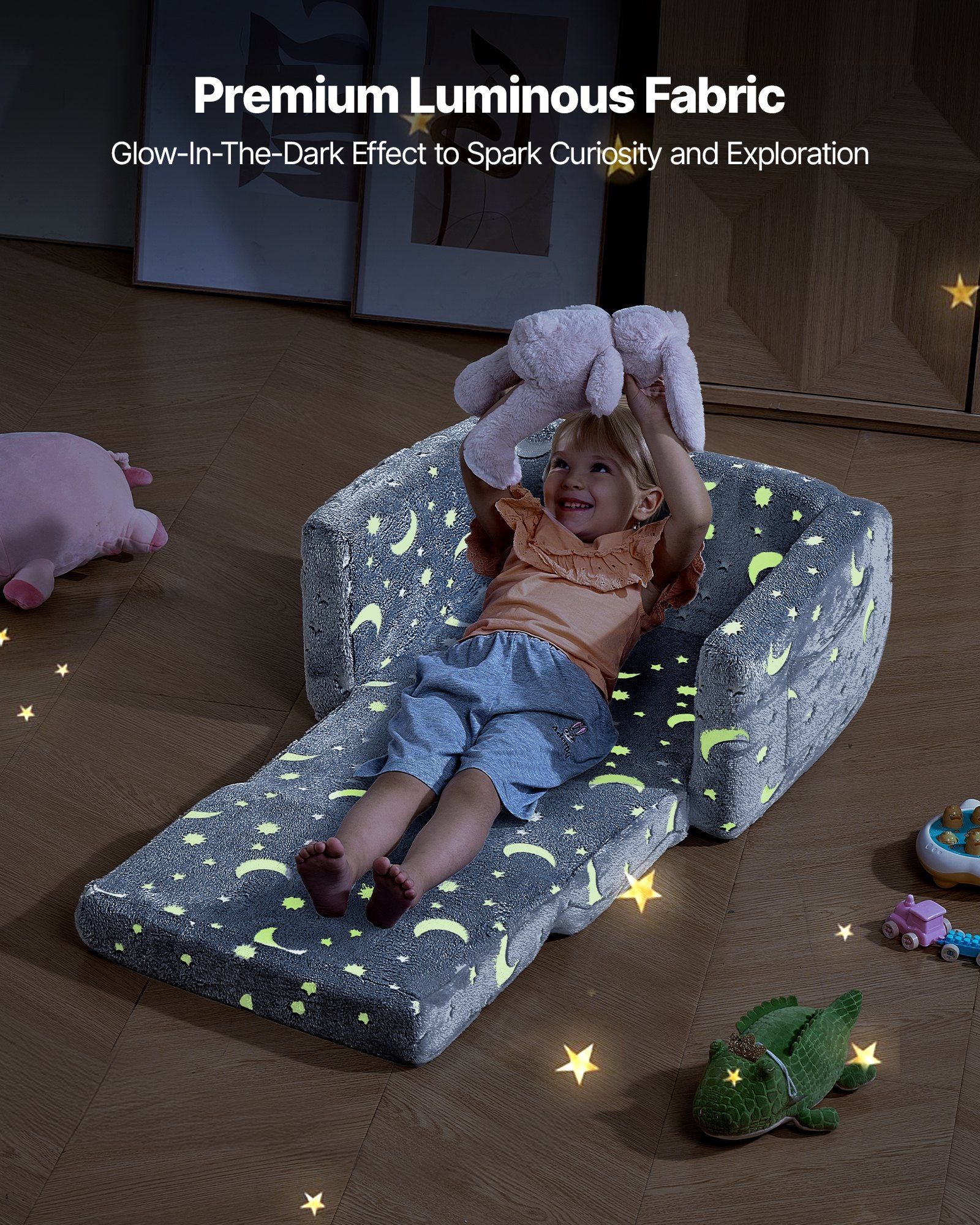 2-in-1 Kids Sofa, Foldable Toddler Soft Couch with Armrests, Glow in the Dark Kids Couch Fold Out with 28D Sponge & Flannel, Convertible Toddler Chair to Lounger for Reading and Gaming, M, Gray