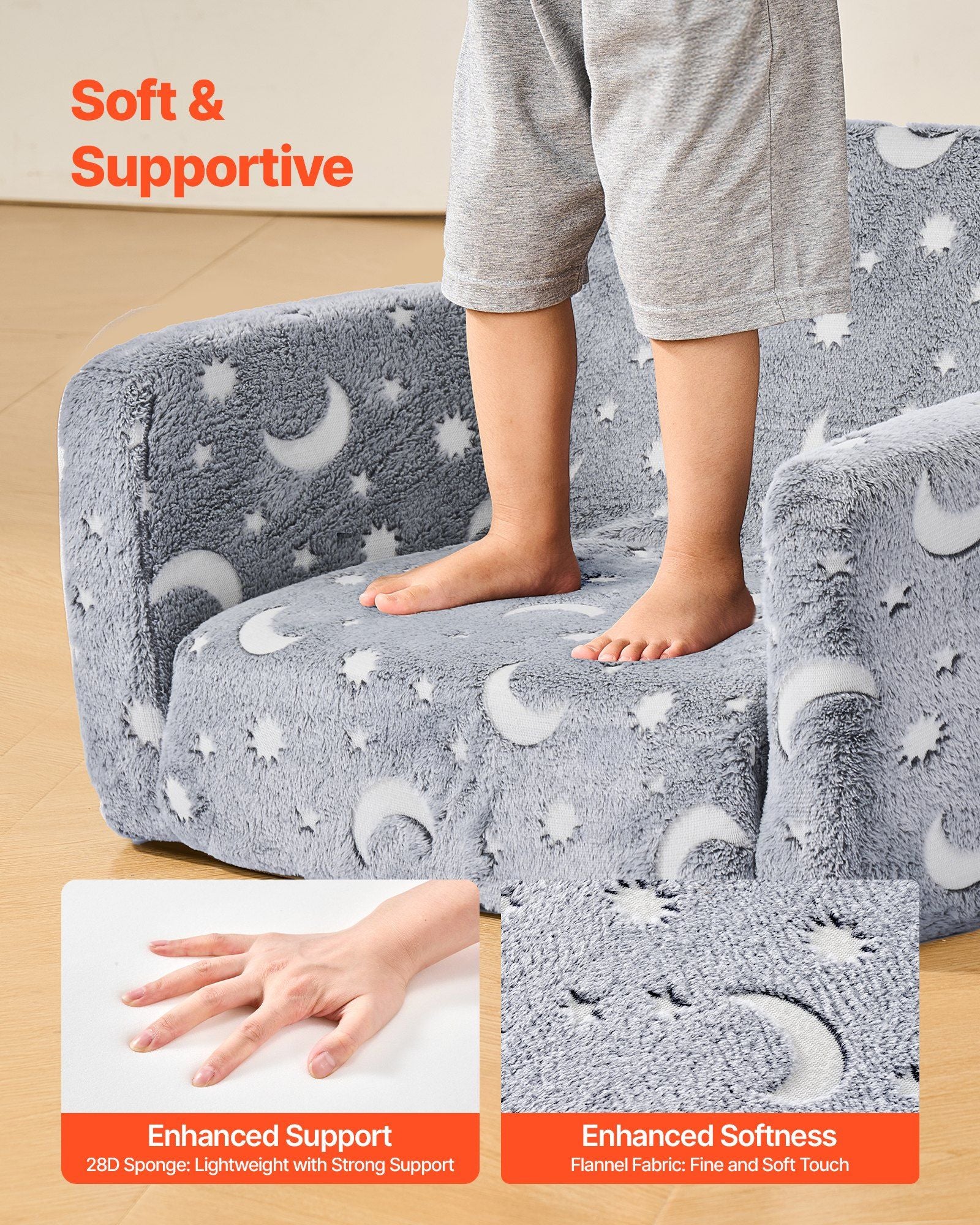 2-in-1 Kids Sofa, Foldable Toddler Soft Couch with Armrests, Glow in the Dark Kids Couch Fold Out with 28D Sponge & Flannel, Convertible Toddler Chair to Lounger for Reading and Gaming, M, Gray
