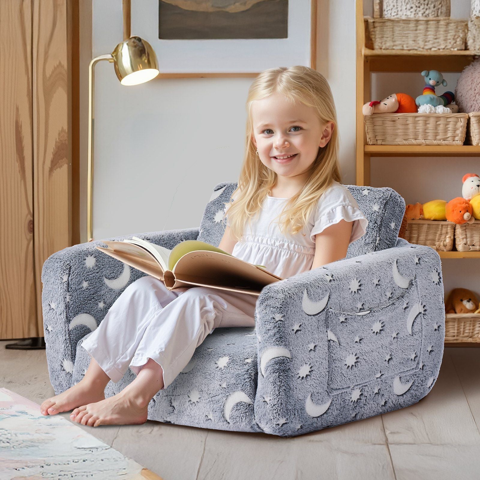 2-in-1 Kids Sofa, Foldable Toddler Soft Couch with Armrests, Glow in the Dark Kids Couch Fold Out with 28D Sponge & Flannel, Convertible Toddler Chair to Lounger for Reading and Gaming, M, Gray