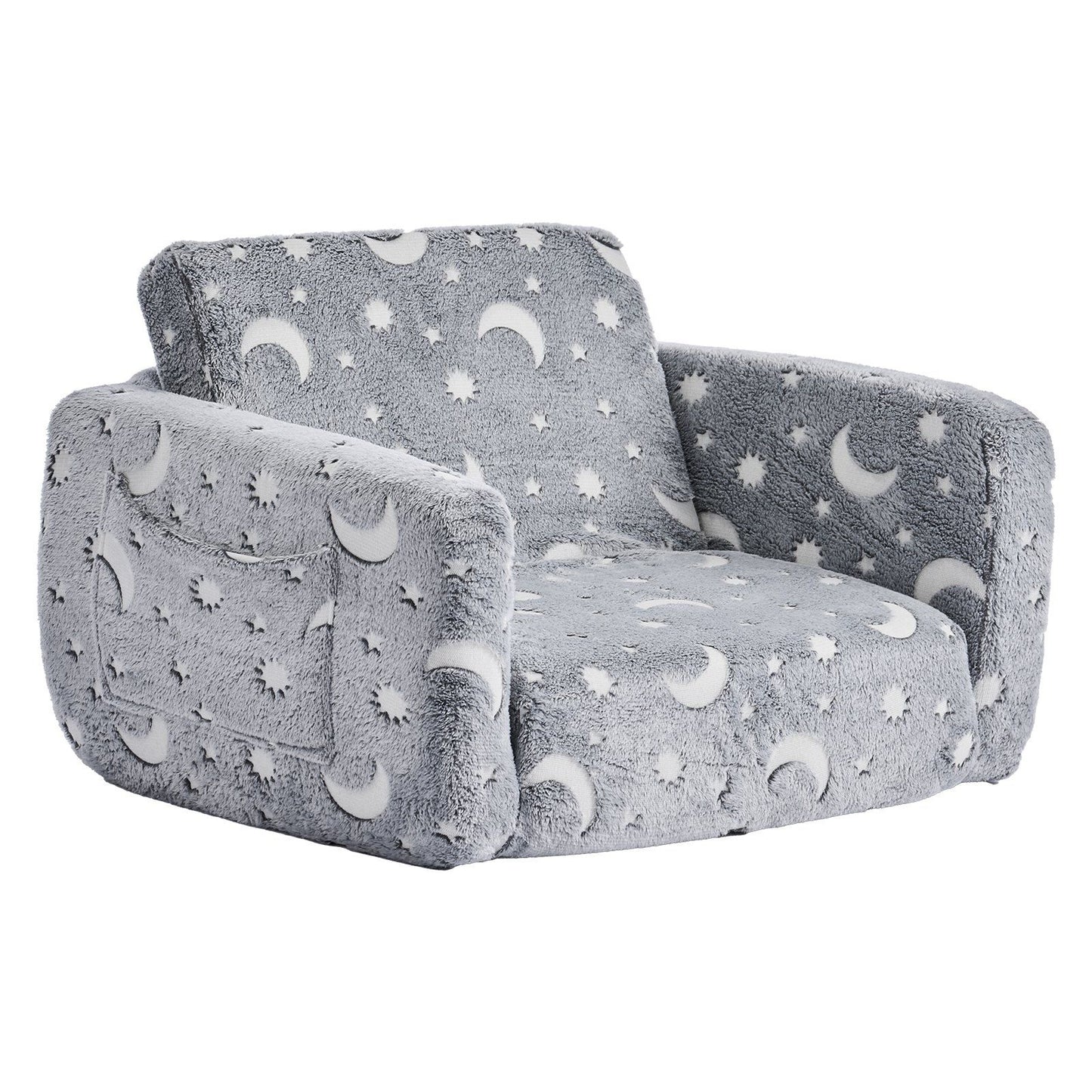 2-in-1 Kids Sofa, Foldable Toddler Soft Couch with Armrests, Glow in the Dark Kids Couch Fold Out with 28D Sponge & Flannel, Convertible Toddler Chair to Lounger for Reading and Gaming, M, Gray