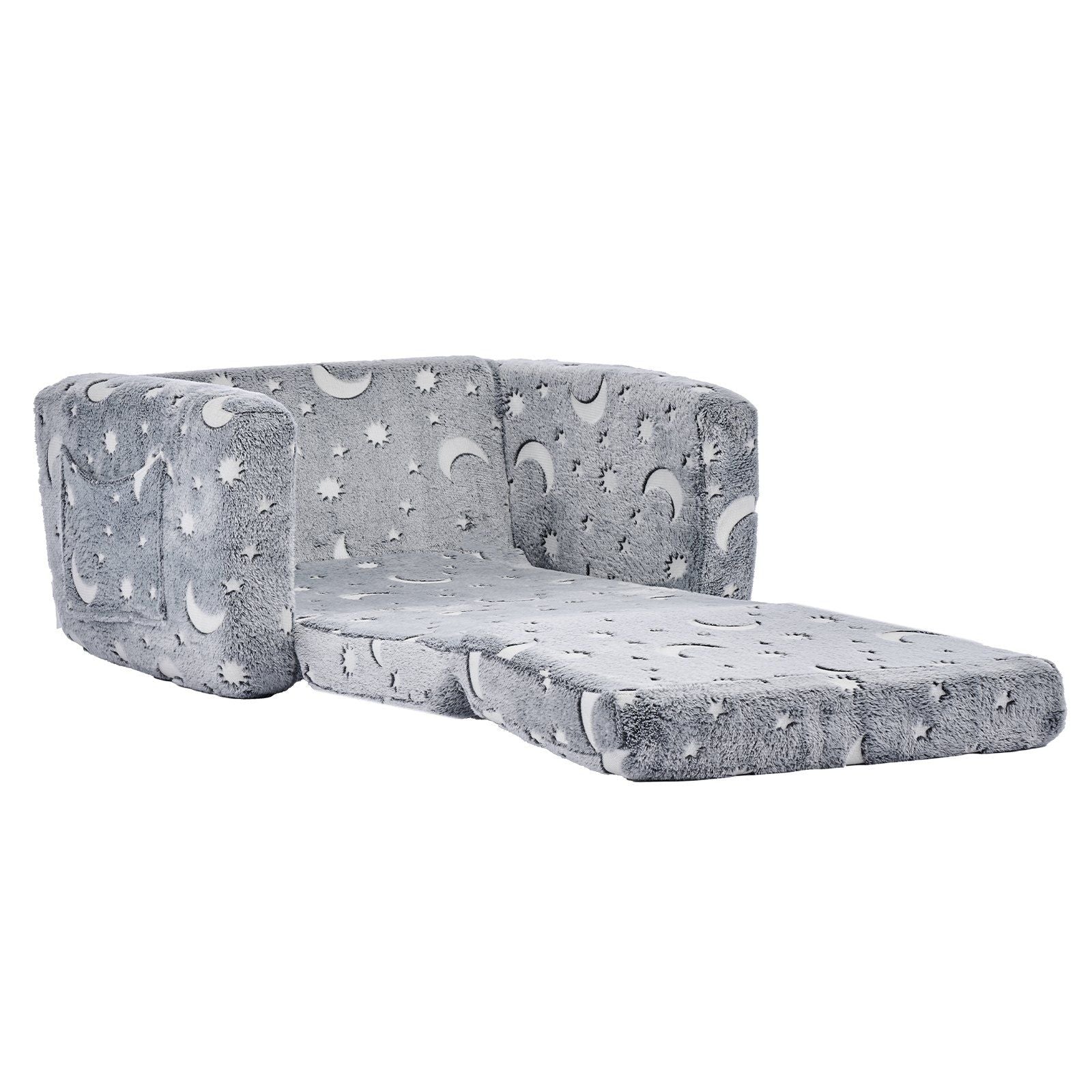 2-in-1 Kids Sofa, Foldable Toddler Soft Couch with Armrests, Glow in the Dark Kids Couch Fold Out with 28D Sponge & Flannel, Convertible Toddler Chair to Lounger for Reading and Gaming, M, Gray