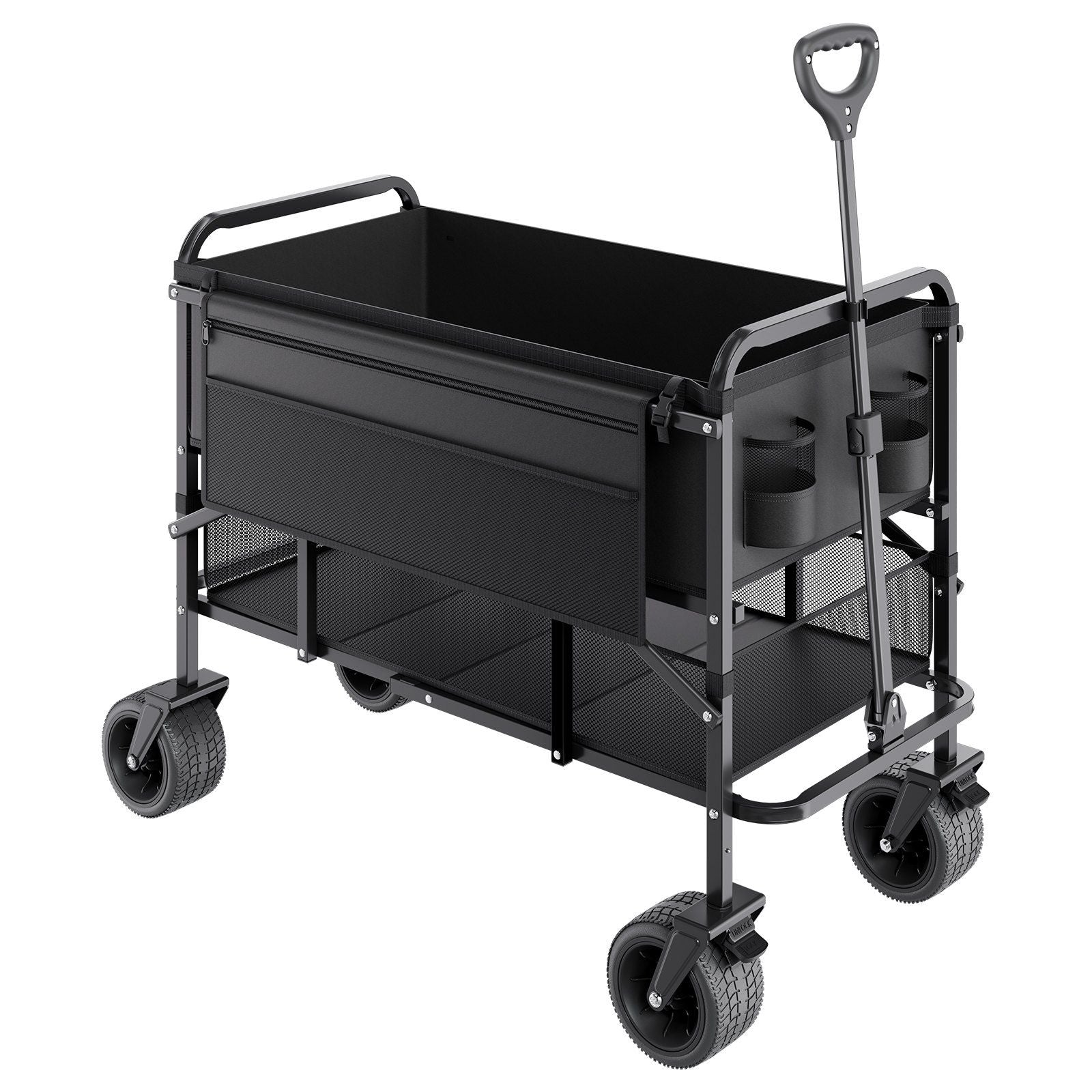 Double Decker Wagon Collapsible, 400L Heavy Duty Folding Wagon Cart, Extended Long Garden Cart with All-Terrain Wheels, Support Up to 450lbs, Outdoor Utility Wagon for Camping, Sports, Shopping