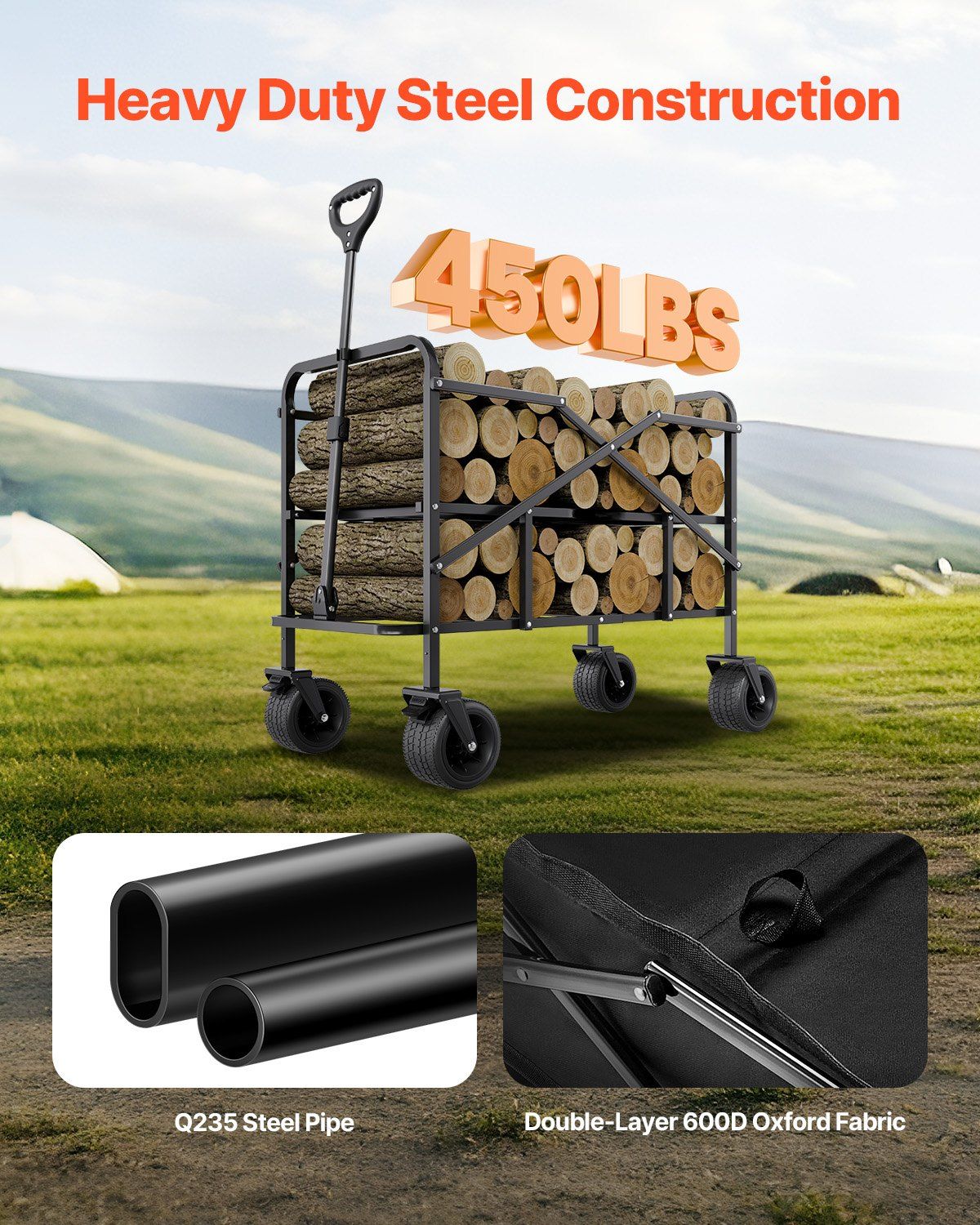 Double Decker Wagon Collapsible, 400L Heavy Duty Folding Wagon Cart, Extended Long Garden Cart with All-Terrain Wheels, Support Up to 450lbs, Outdoor Utility Wagon for Camping, Sports, Shopping